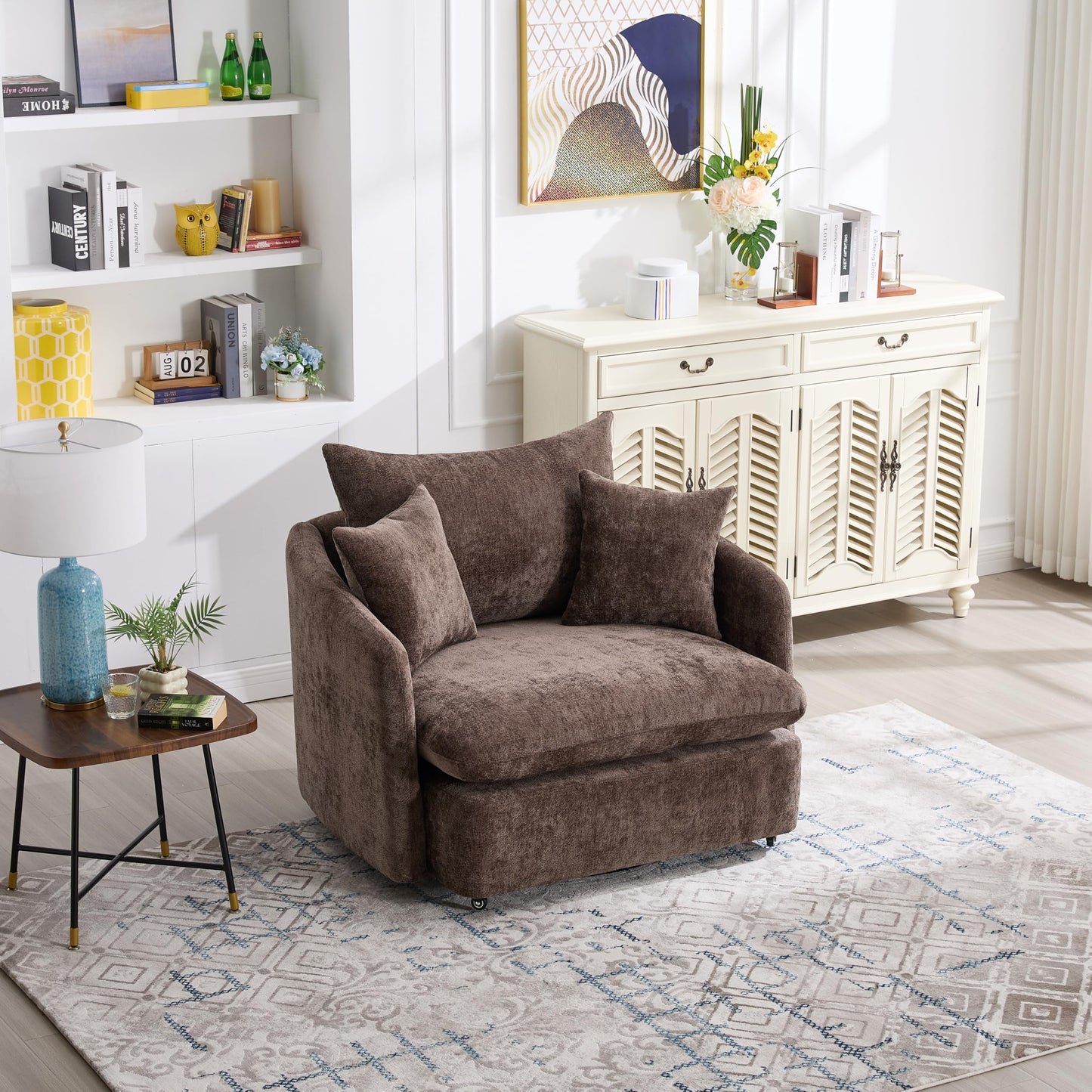 Eafurn 46'' W Oversized Swivel Barrel Chair, Chenille Upholstered Accent Chair for Living Room, Oversized Arm Chair Lounch Couches with 3 Pillows, Deep Seat & Extra Wide