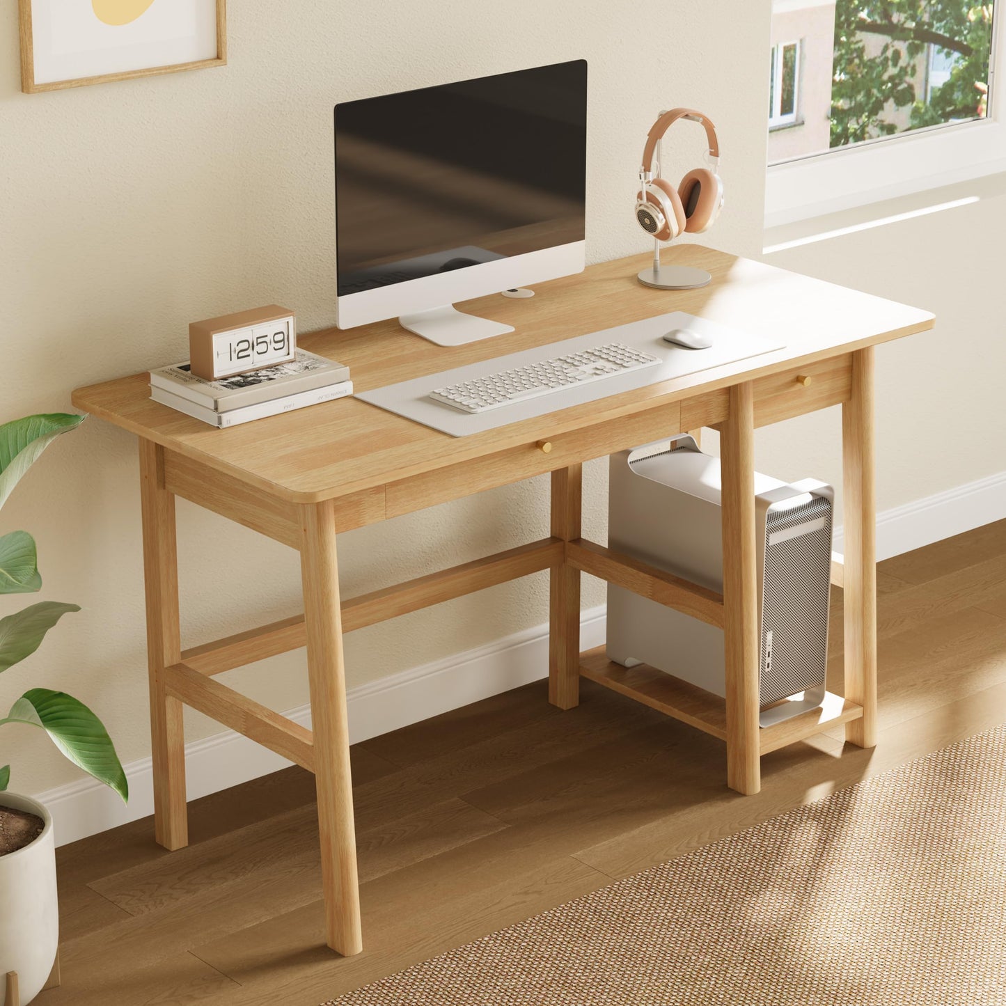 NELYE Solid Wood Desk with Drawer - 52 Inch Modern Writing and Computing Workstation for Home Office in Oak