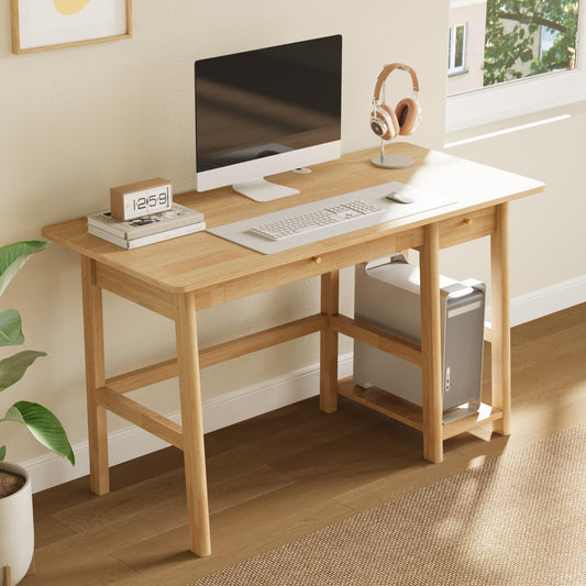 NELYE Solid Wood Desk with Drawer - 52 Inch Modern Writing and Computing Workstation for Home Office in Oak