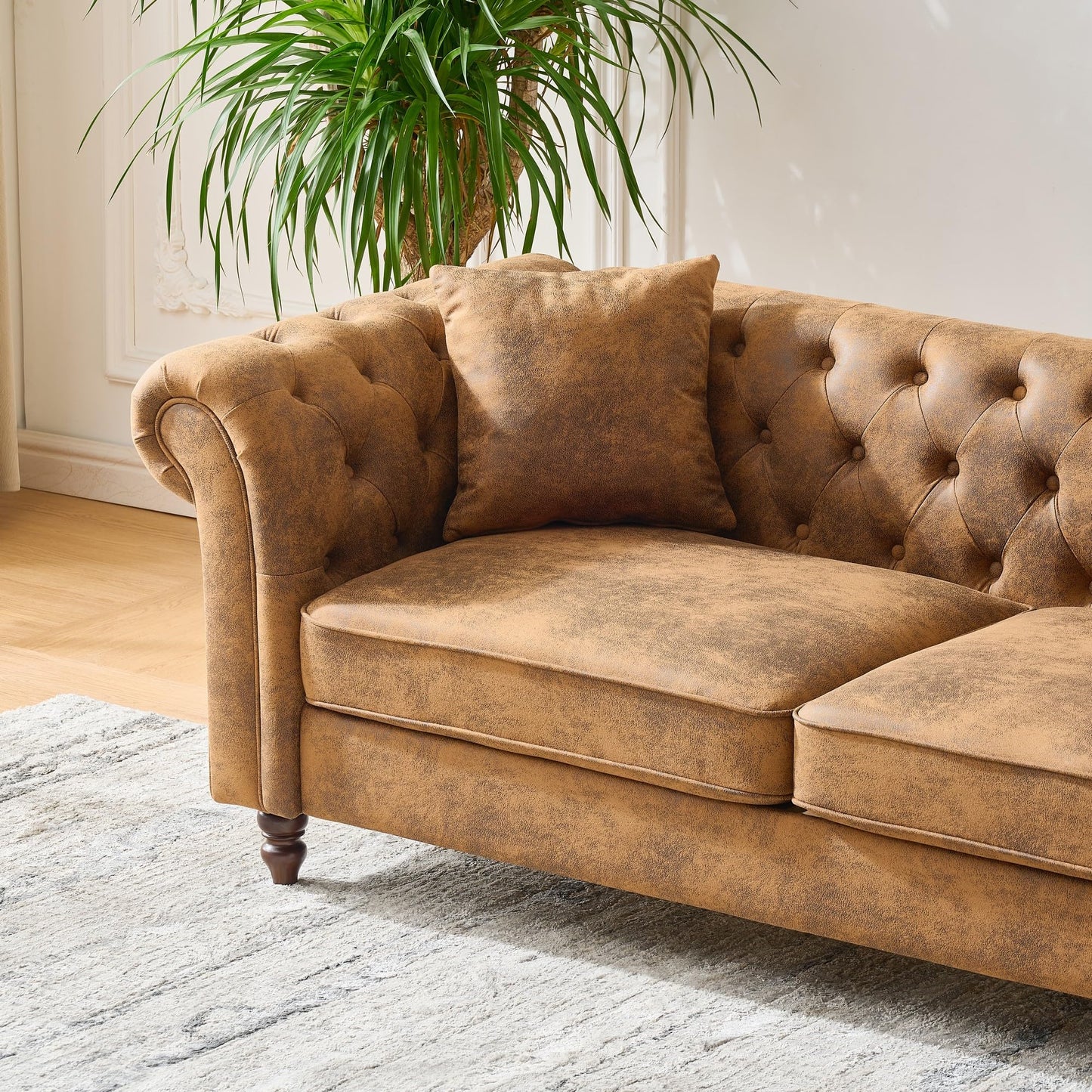GDFStudio 81" Chesterfield Sofa Couch, 3 Seat Mid Century Modern Sofas & Couches, Fabric Upholstered Couch with Rolled Arms & Pillows, Modern Living Room Sofa for Apartment Office Home Seating, Brown