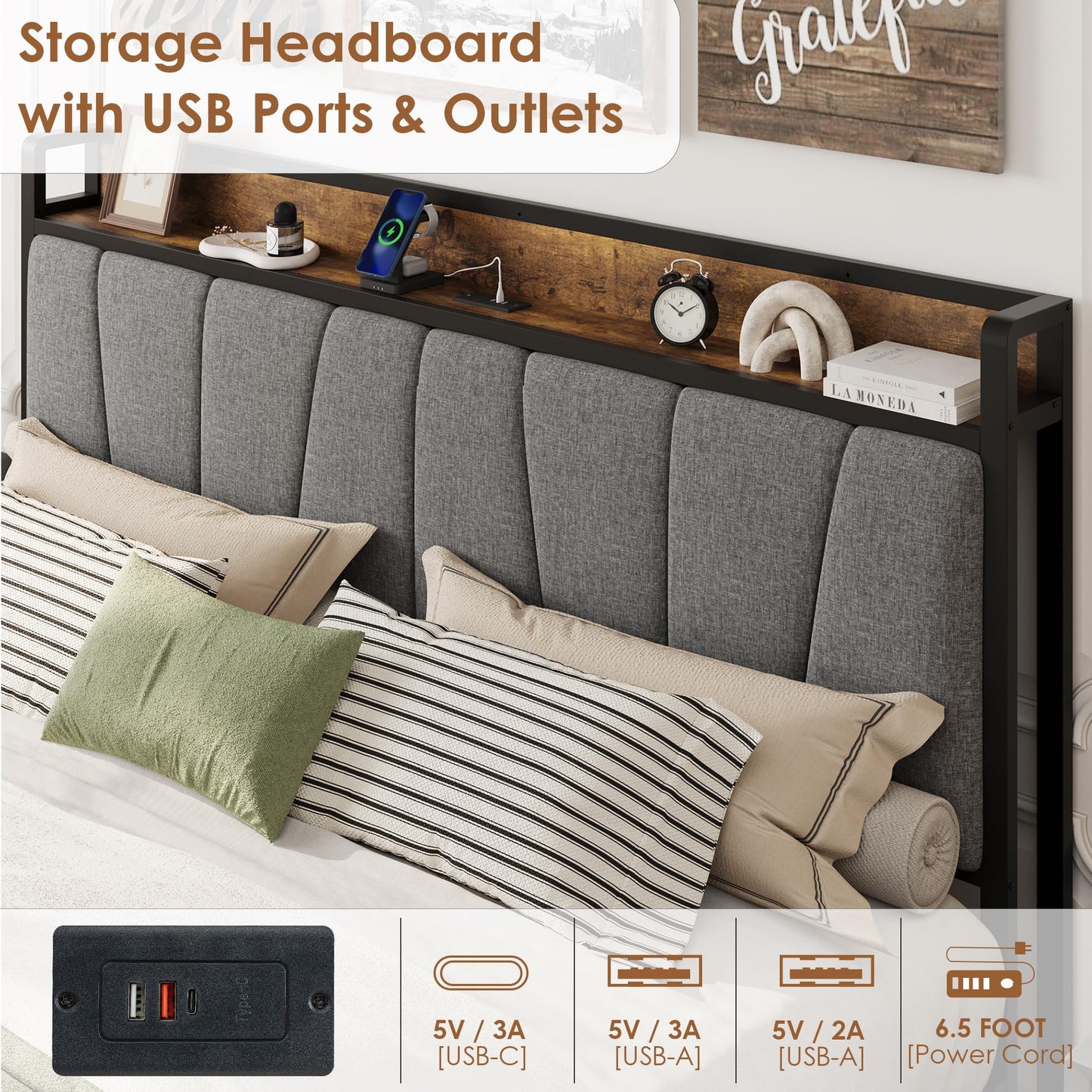 GarveeHome King Size Bed Frame with 2 Storage Drawers and Charging Station, Rustic Linen Upholstered Platform Bedframe with Storage Headboard, No Box Spring Needed, Easy Assembly, Noise Free, Grey