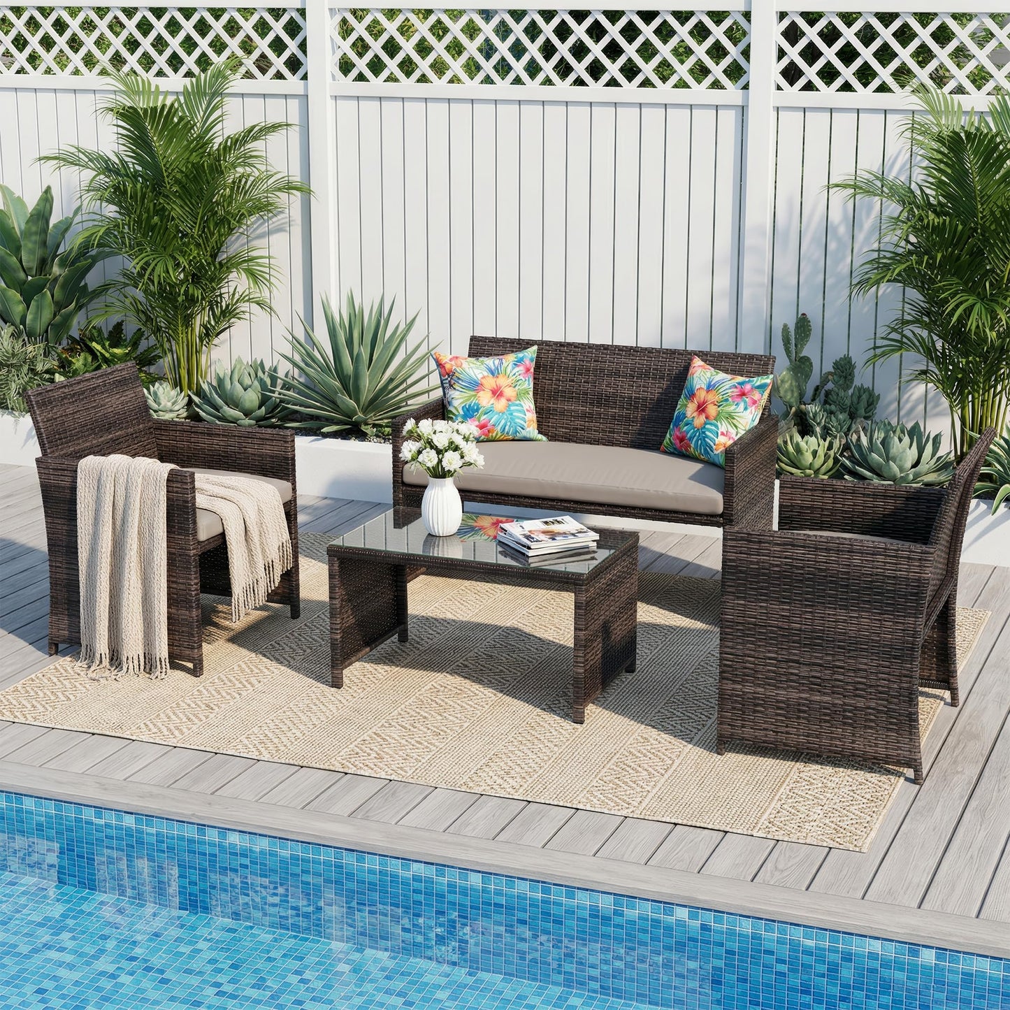 Garvee 4-Piece Patio Furniture Set, PE Rattan Outdoor Conversation Set with Cushions & Tempered Glass Table, All-Weather Wicker Patio Table and Chairs Set for Patio, Porch, Backyard, Brown and Grey