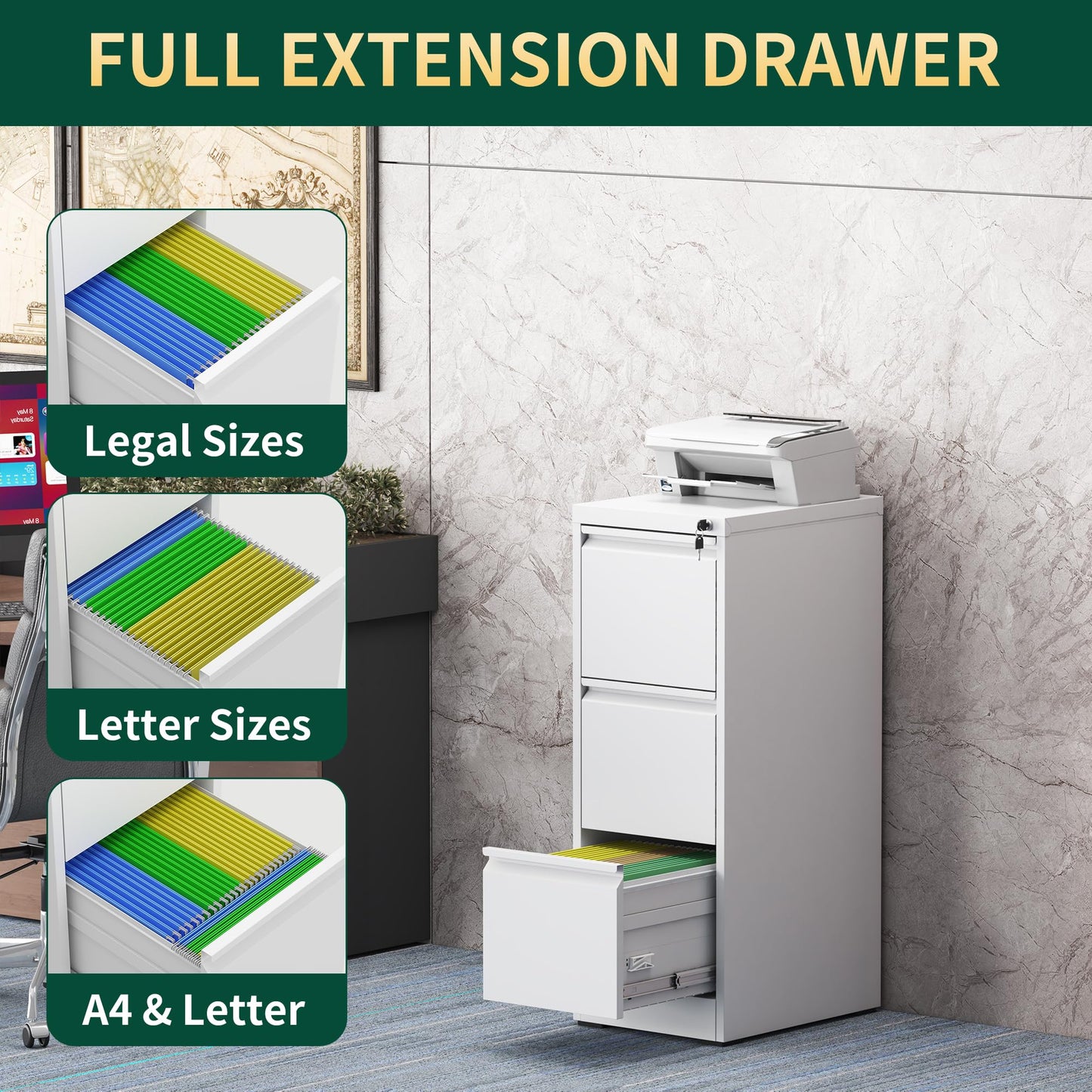 FOSTOKO 3 Drawer File Cabinet with Lock, White Steel Vertical Filing Storage Cabinet for Home Office, Heavy-Duty File Cabinets for Letters/Legal/A4, Require Assembly