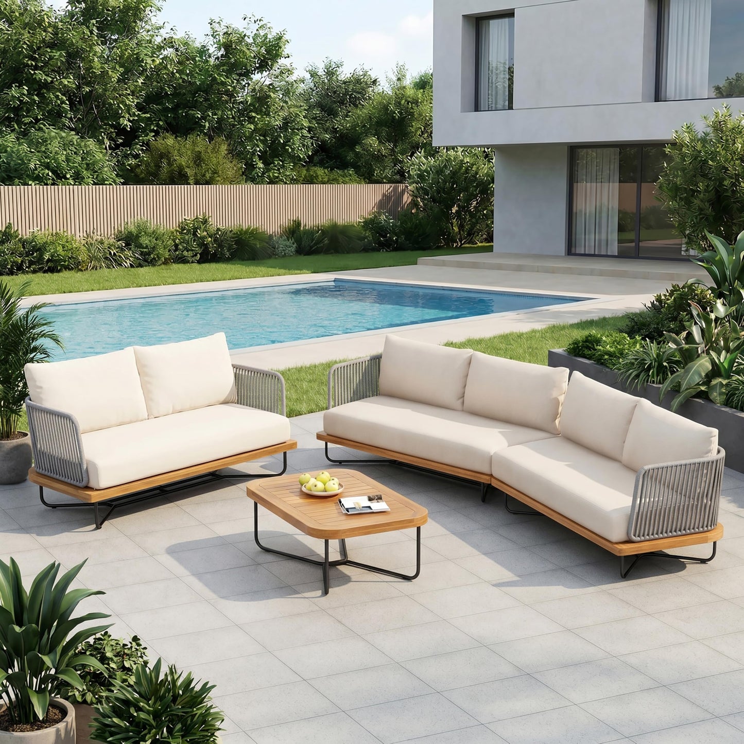 Merax 4 Piece Rope Woven Paito Conversation Set, All-Weather Acacia Wood 4-Seater Sectional Sofa,1 Armchairs with Sturdy Metal Base and Cushions,1 Coffee Table for Porch, Lawn, Backyard, Beige+Gray