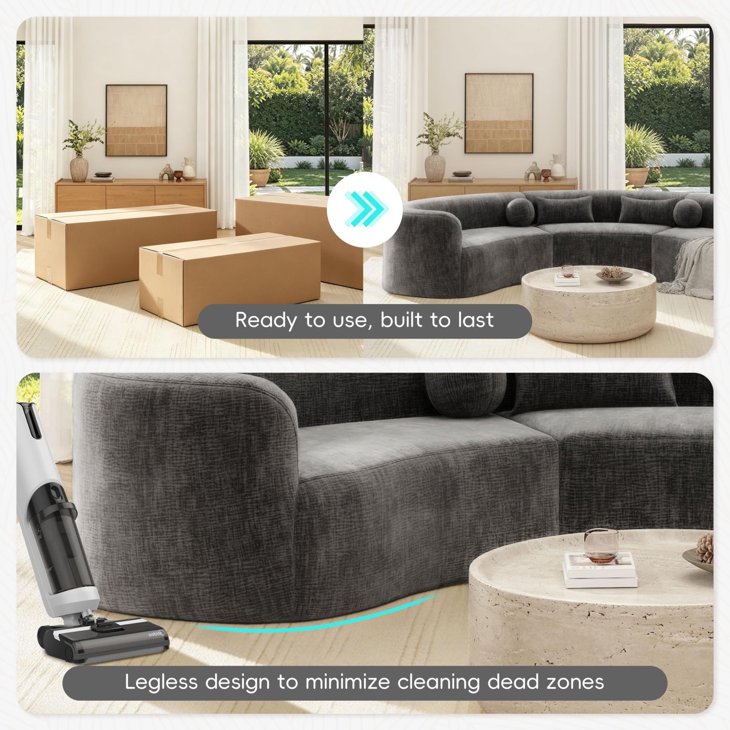 Merax 153" Chenille Modular Sectional Sofa Set, 6 Seat Curved Frameless Oversized Cloud Couch with 4 Pillows, Free Combination Hook & Loop, Fully Compressed, No Assembly for Living Room, Gray