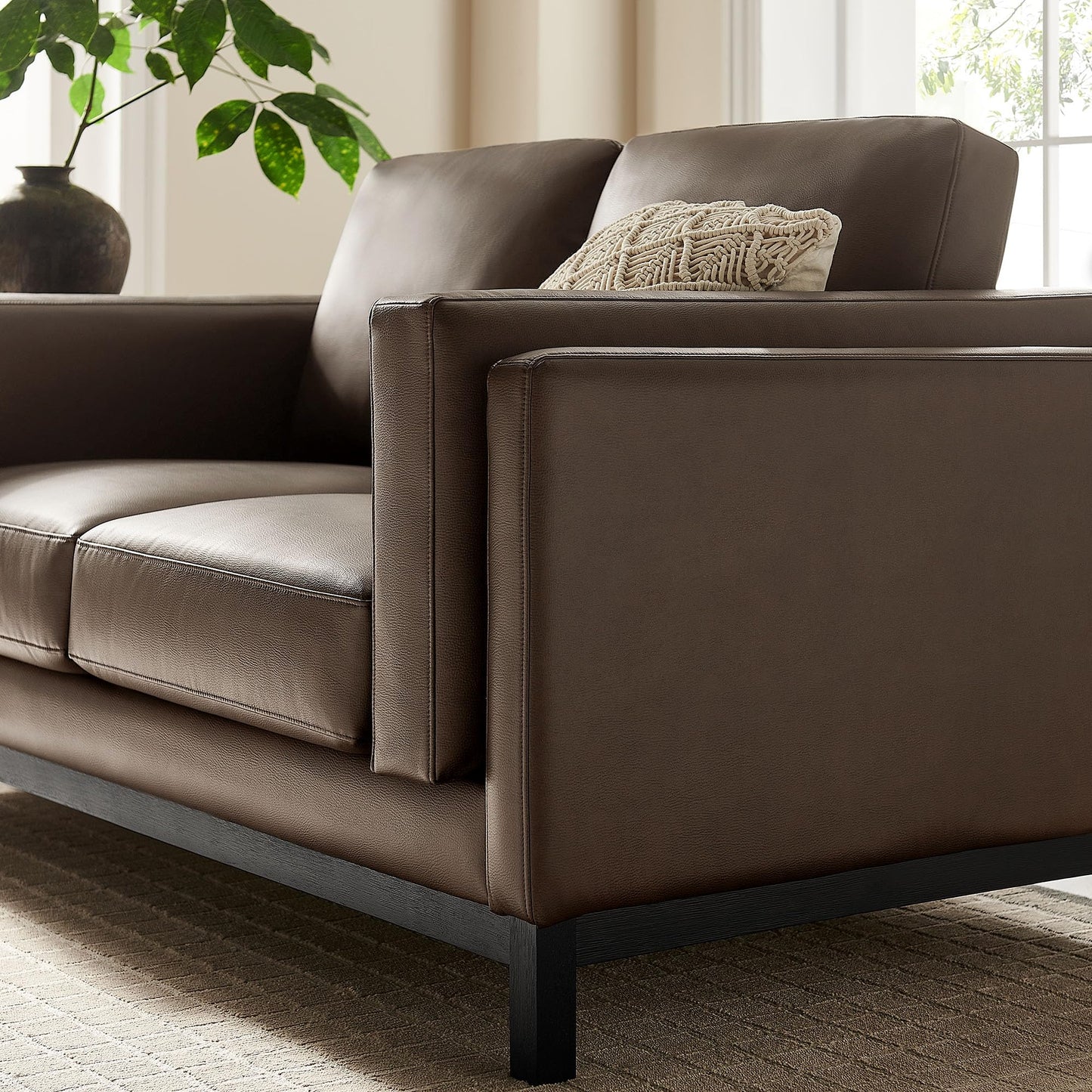 Modway Roscoe 63 Inch Vegan Leather Loveseat in Espresso - Comfortable Faux Leather 2 Seater Couch for Living Room, Apartment, or Office Seating