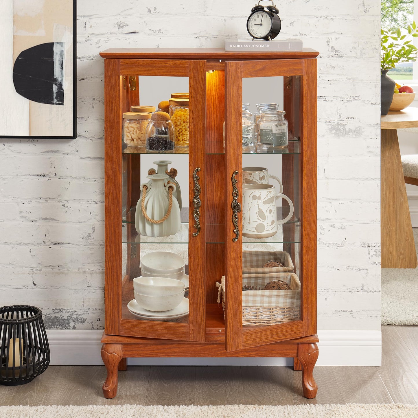 KEIKI 44" Glass Display Cabinet with Mirrored Back Panel & Adjustable Shelves, for Collectibles, Storage Curio Cabinet with 2 Door, 3-Tier Showcase Display Case, Easy Assembly, for Living Room, Oak