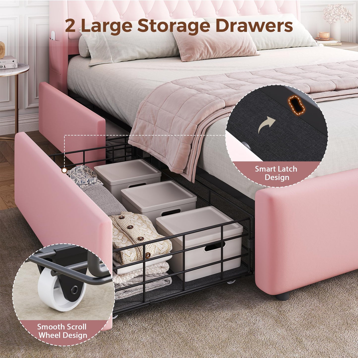 Queen LED Velvet Bed Frame with 2 Storage Drawers&Hidden Headboard, Upholstered Platform Bed with Charging Station&Button Tufted Design, Wooden Slats Support, Box Spring Optional, Easy Assembly, Pink