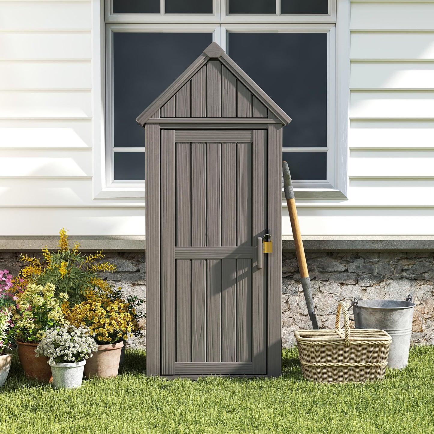 Bifanuo Deck Box Storage Shed Outdoor Storage Cabinet, Vertical Waterproof Resin Material Plastic Shed with Removable Shelves, 12 Hooks and Lock Ring for Garden, Pool and Patio (Grey)