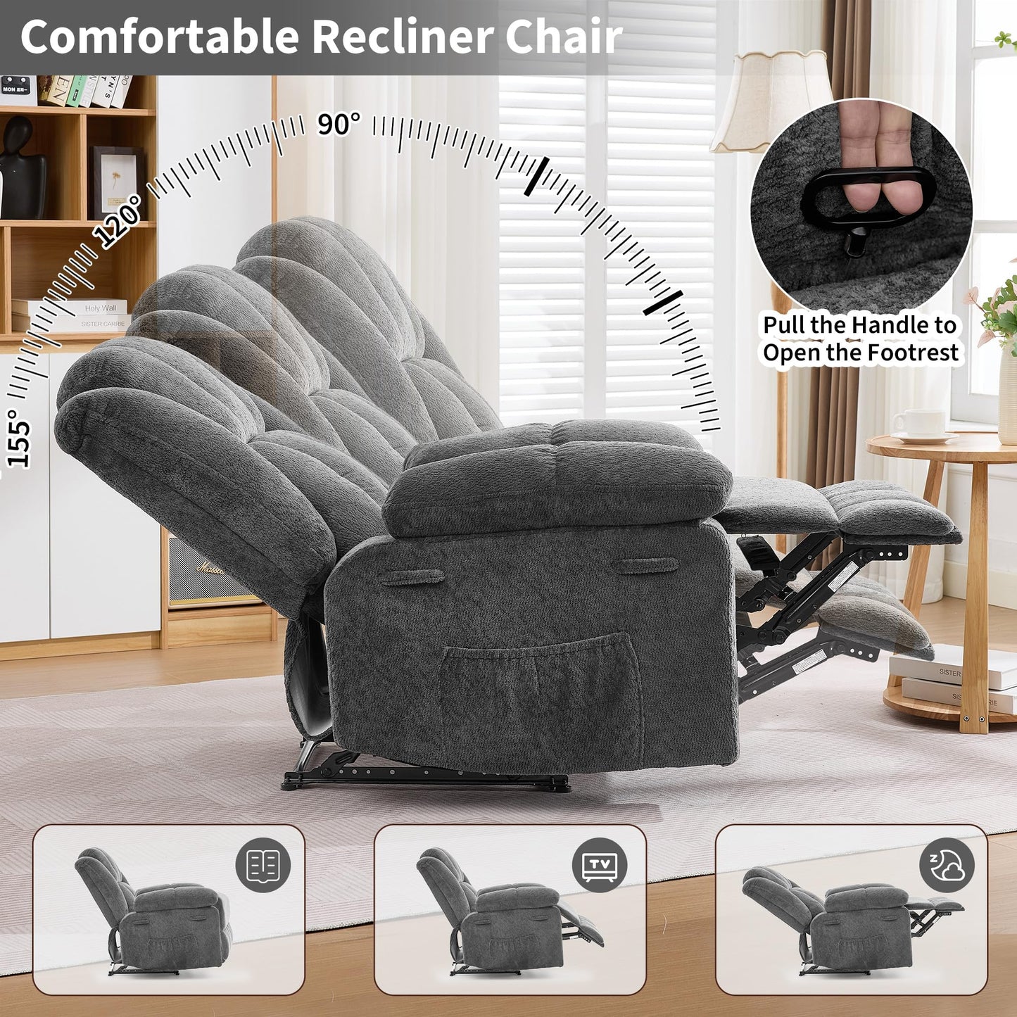 Oversized Recliner Chair for Adult,150°Recliner Chairs Ergonomic Nursery Chairs, Extra Wide Manual Recliners,Fabric Upholstery Soft Sofa Chair for Livingroom,Bedroom,Gray
