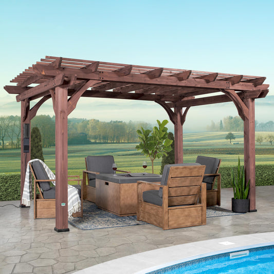 Backyard Discovery Somerville 14 x 10 Walnut All Cedar Pergola, Durable, Quality Supported Structure, Snow and Wind Supported, Rot Resistant, Electrical Outlet with USB, Deck, Garden, Patio