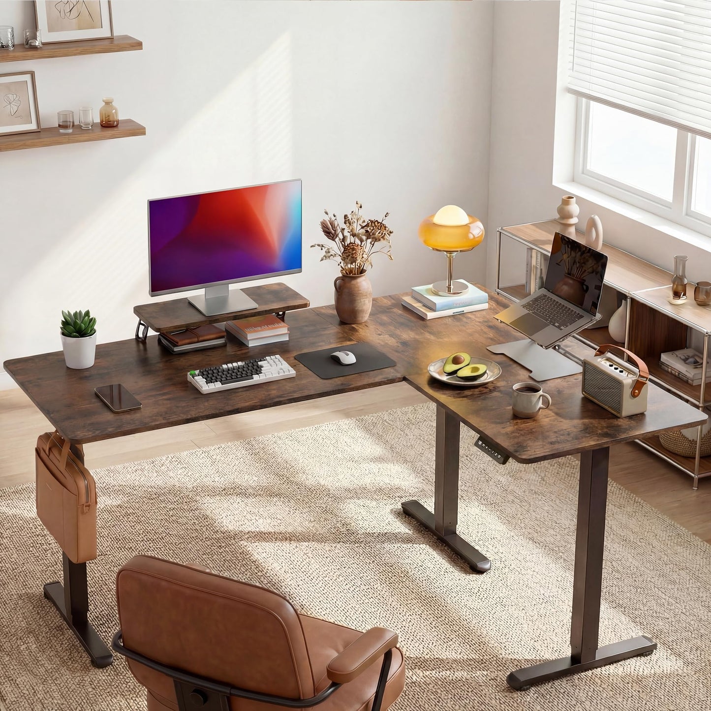 Shahoo L Shaped Electric Standing Desk, 63"x47.2" Corner Height Adjustable Sit Stand Desk with Monitor Riser, Ergonomic Stand Up Desk, 154 LBS Load Capacity Quiet Motor Home Office Computer Desk