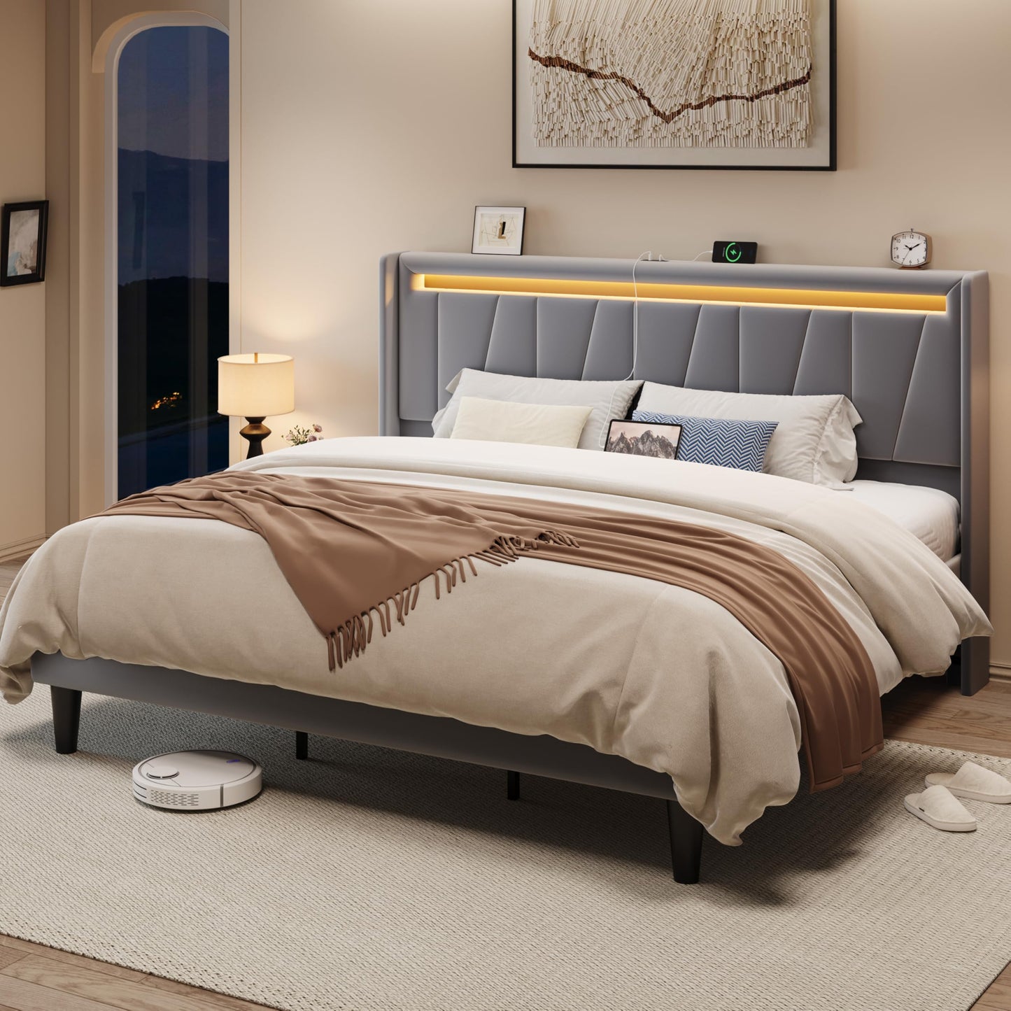 Allewie King Size LED Bed Frame with Charging Station, Velvet Upholstered Platform Bed with Geometric Wingback Headboard, Modern Frame with No Box Spring Needed, Easy Assembly, Grey