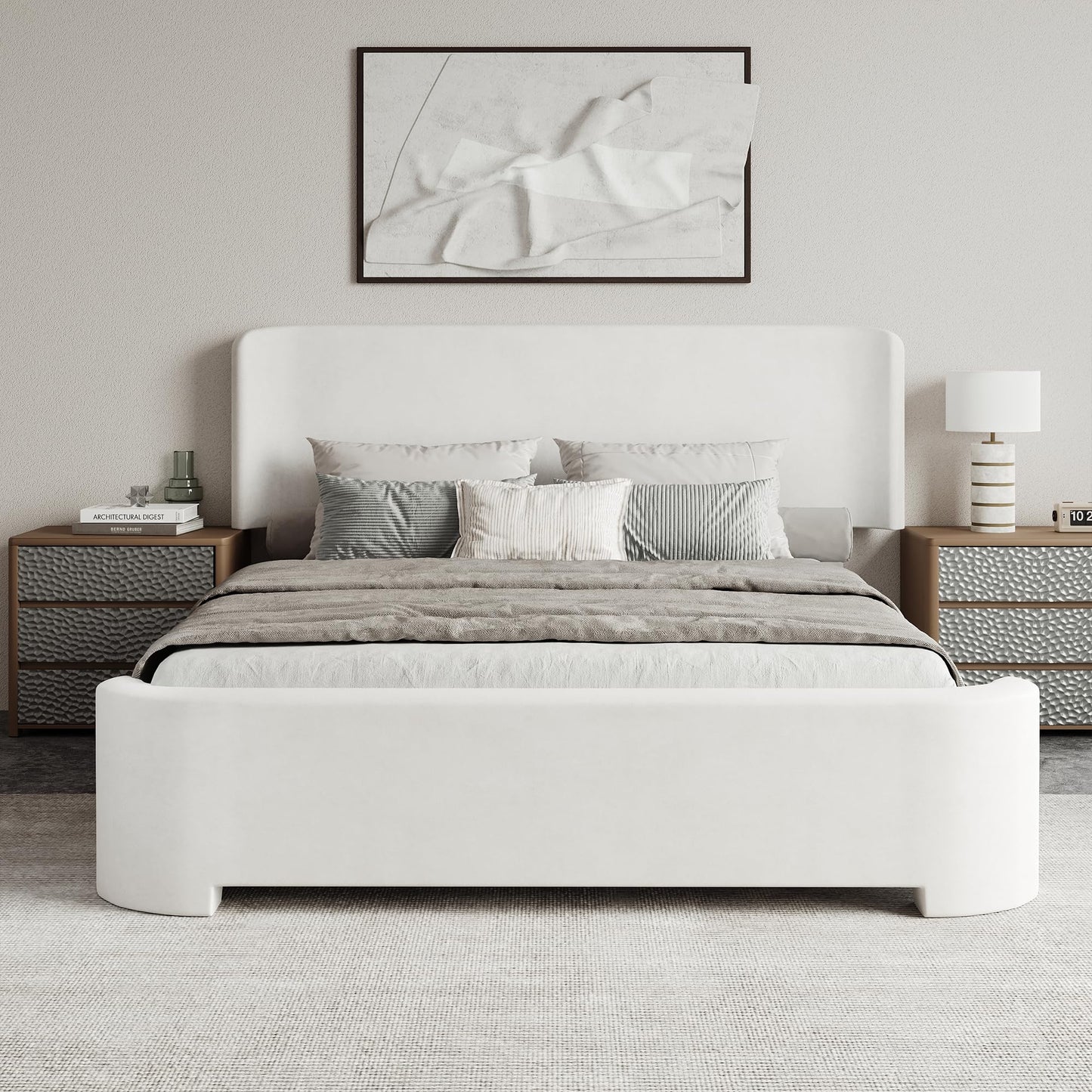 BarnFurin Full Size Bed Frame with Wingback Headboard, Velvet Upholstered Platform Bed with Headboard and Footboard, Quiet & Stable Support, Easy Assembly, No Box Spring Needed, White