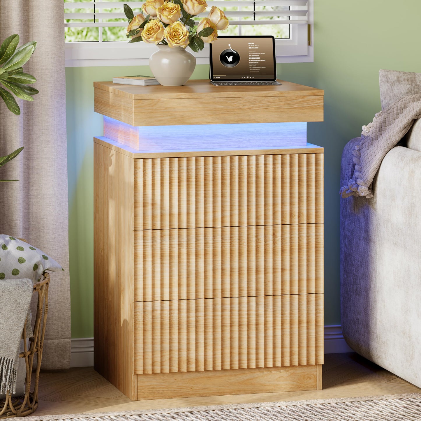 Xixini Fluted Nightstand Set of 2 with Charging Station and LED Lights, Modern Bedside Table with Sliding Top, 3-Drawer Wooden End Table for Bedroom and Living Room, Oak