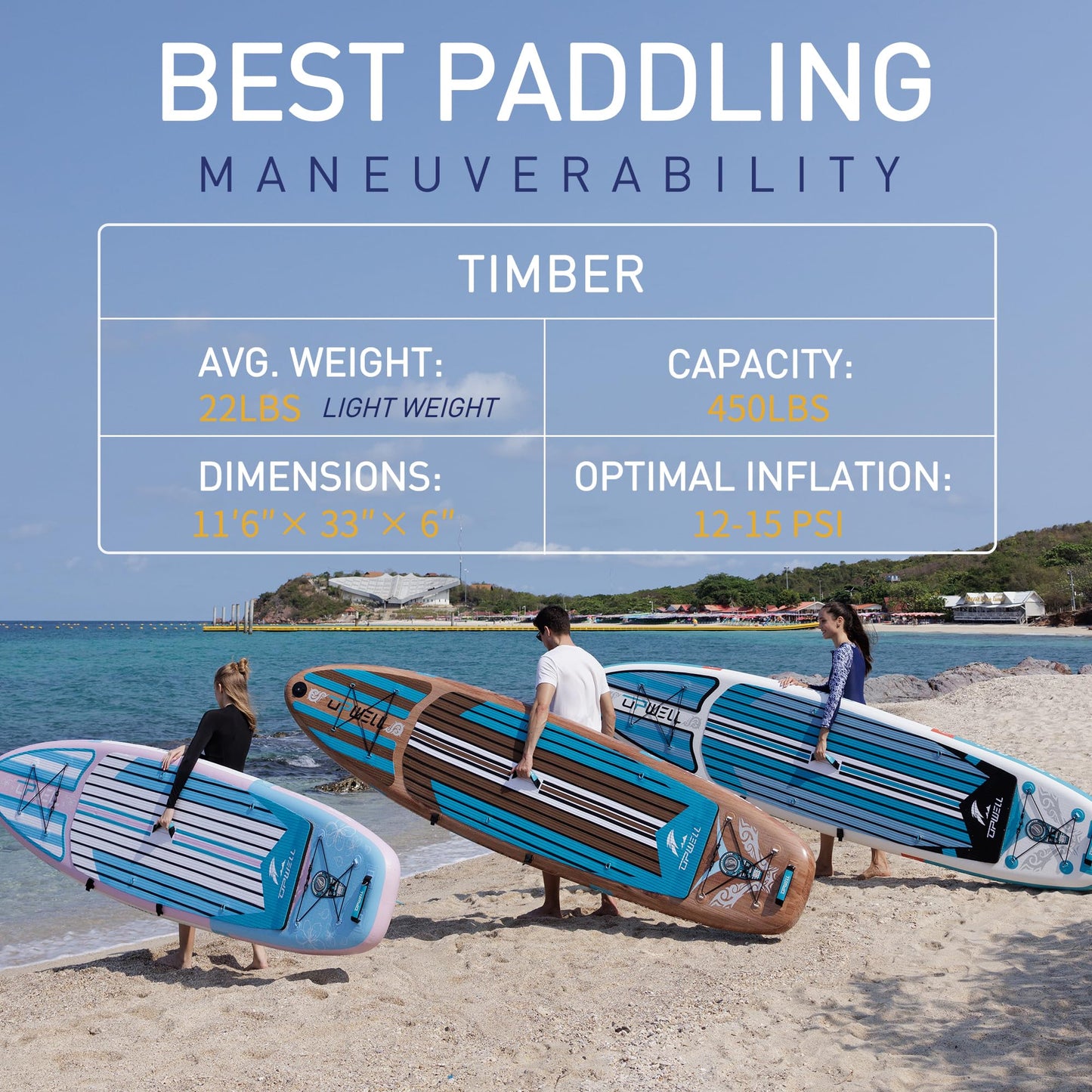UPWELL 11’6”Inflatable Stand Up Paddle Board with Kayak Seat, Premium SUP Paddle Boards for Adults, Blow up Paddle Boards 6” Thick, Timber
