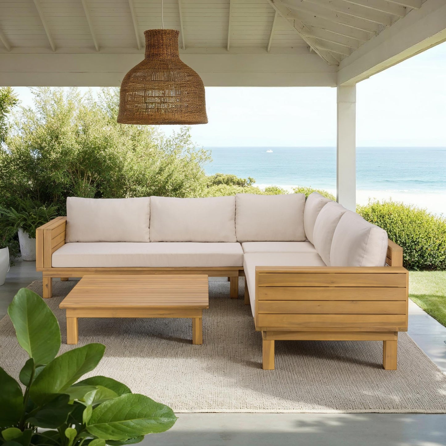 SAFAVIEH Outdoor Patio Furniture Collection - Napoli Oak Brown & Cream Solid Wood 4-Piece Sectional Sofa Set with Coffee Table, Durable Cushions, Modern Outdoor Seating (PAT6806B)