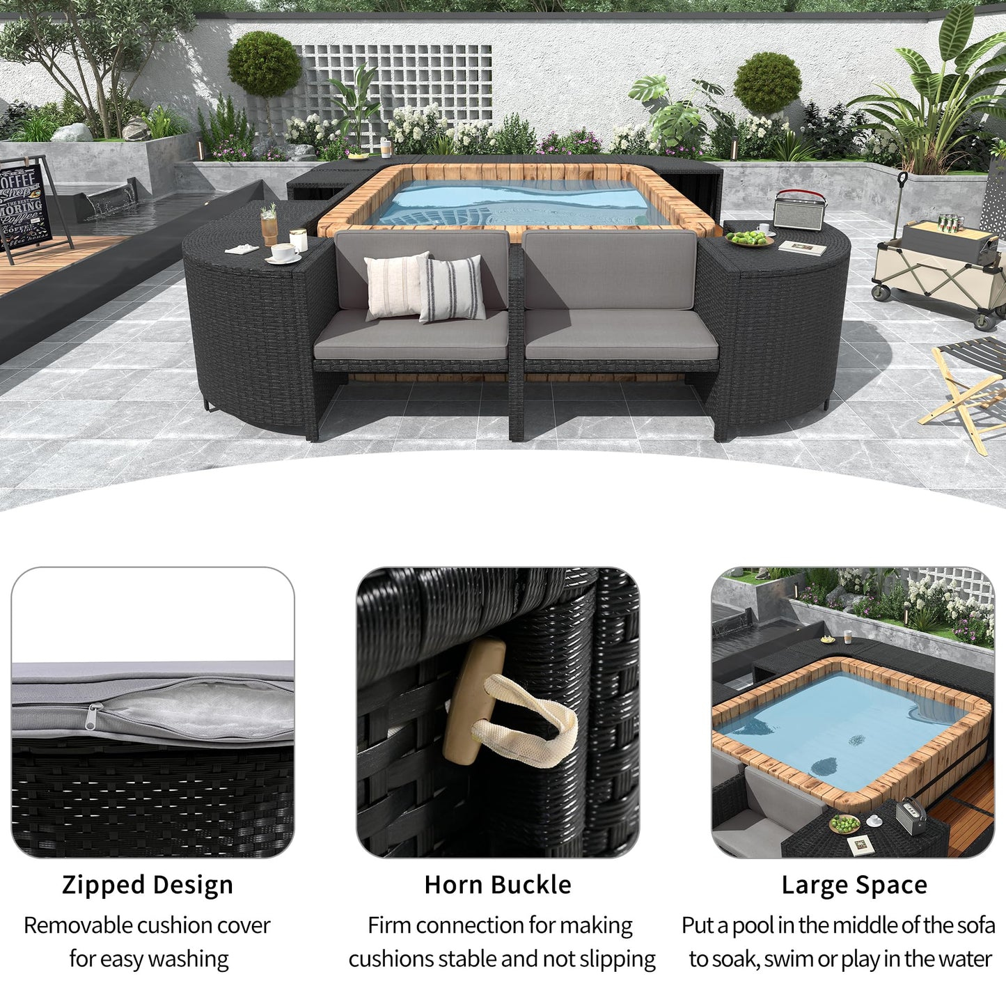 Merax Patio Furniture Set with Mini Sofa, Wooden Seats and Storage Spaces, Outdoor Conversation Sets for Patio, Lawn, Garden