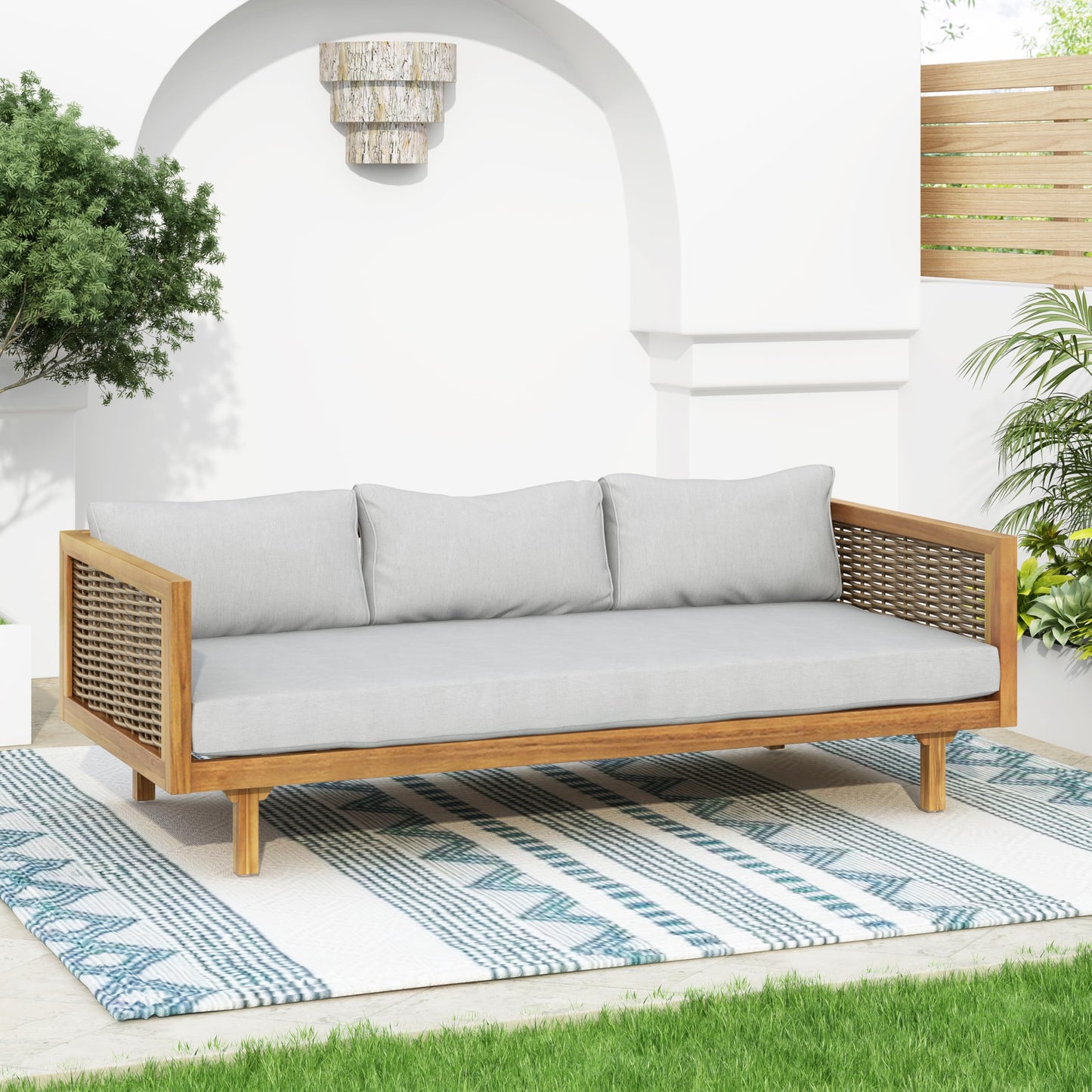 Christopher Knight Home Claremont Patio Sofa and Coffee Table Set, 2 Piece Wicker Patio Furniture Set, Acacia Wood 3 Seater Outdoor Sofa Daybed and Coffee Table Set, Teak+Light Grey