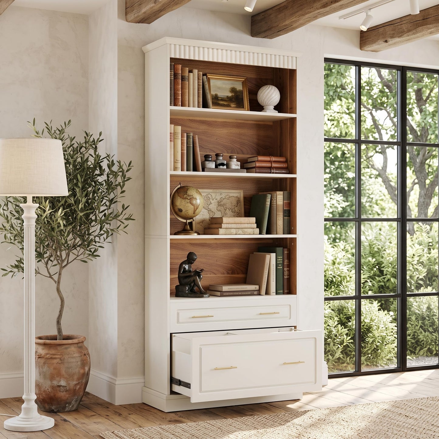 LITTLE TREE 72" Tall White Bookcase, 5-Tier Office Bookself with File Cabinet Drawers,Modern Floor Standing Storage Filing Cabinet Book Shelf for Living Room,Bedroom(2 Piece,White)