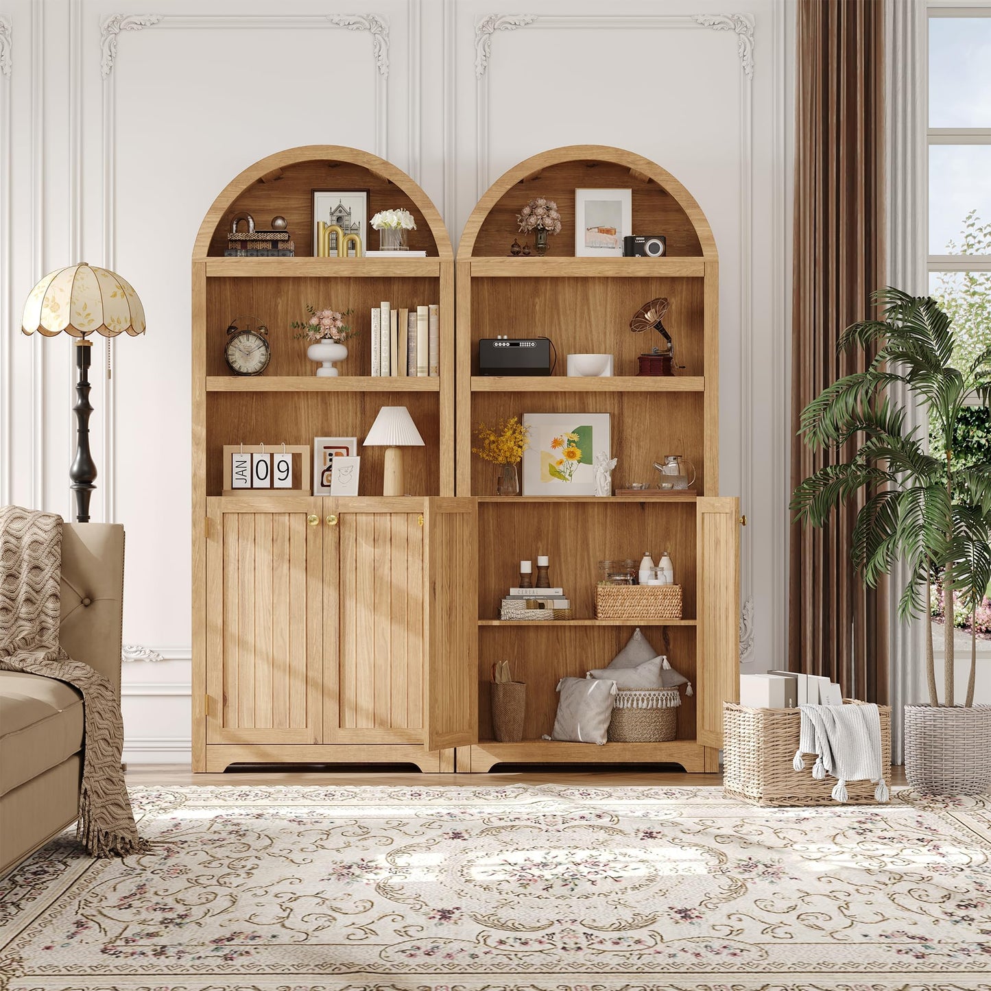IDEALHOUSE Arched Bookcase with Doors, 72 Inch Tall Bookshelf with Storage Cabinet and Shelves, Wooden Display Bookcase for Living Room, Home Office, Natural Oak with Gold Handles