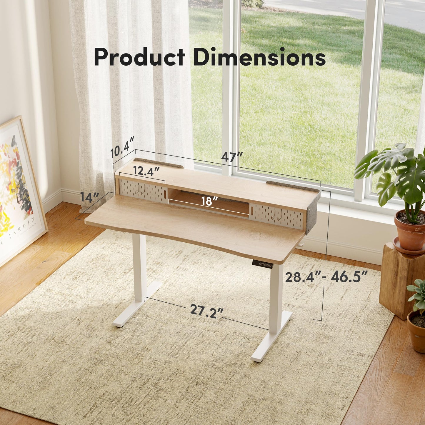 FEZIBO 48 X 24 Inch Standing Desk with Storage, Adjustable Height Sit Stand Desk with Sliding Pegboard Organizer, Felt Wall Bumper, Monitor Arm Compatible for Home Office Workstation, Maple