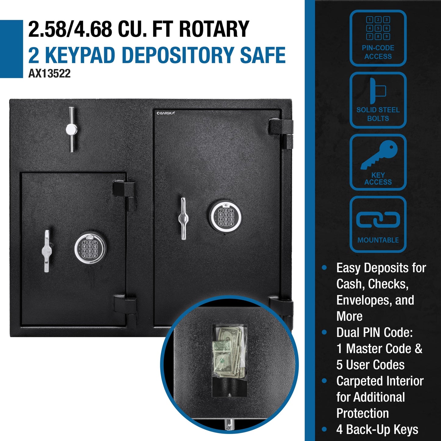 BARSKA Large Digital Depository Safe with Drop Slot – Solid Steel, Dual Keypad Access, 5 Deadbolts, Backup Keys – for Cash Handling in Retail, Office, and Business Use
