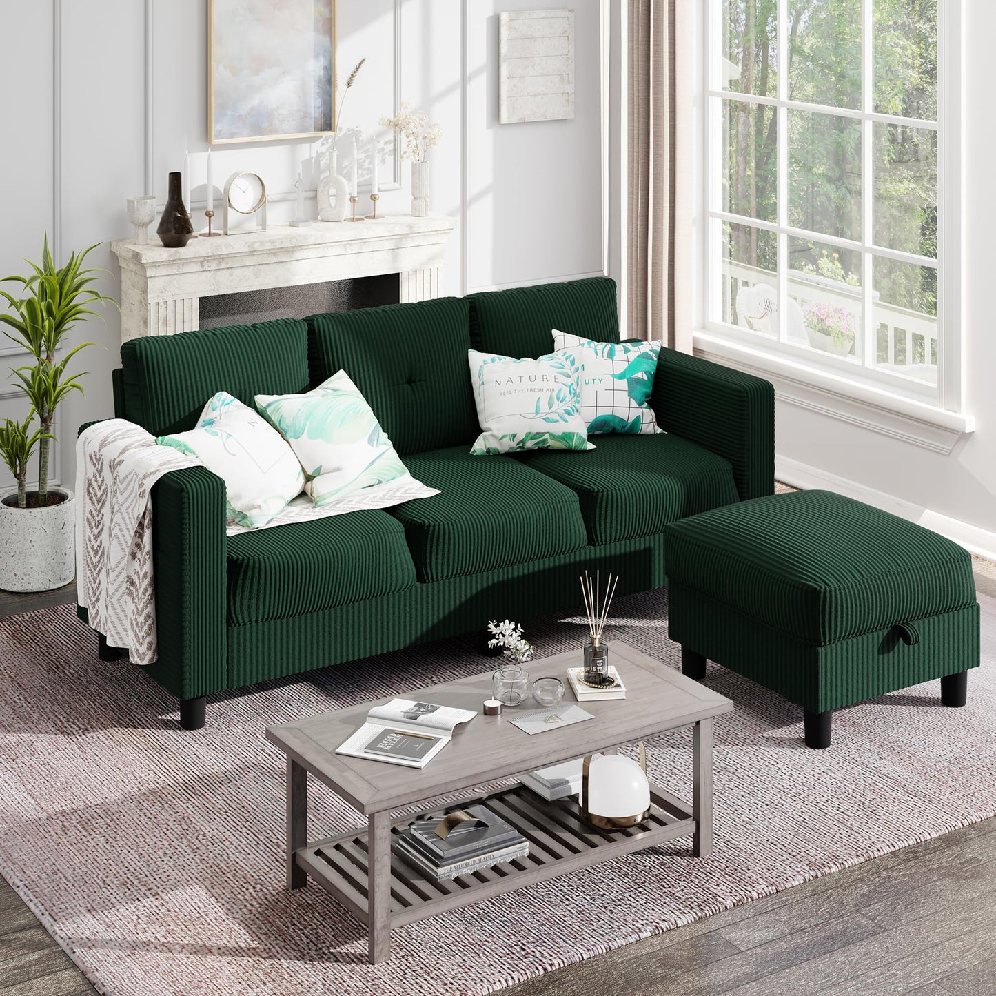Shintenchi 76" Modern Upholstered Sectional Sofa, L-Shaped Couch with Storage Ottoman and Reversible Chaise for Living Room, Green Linen Fabric