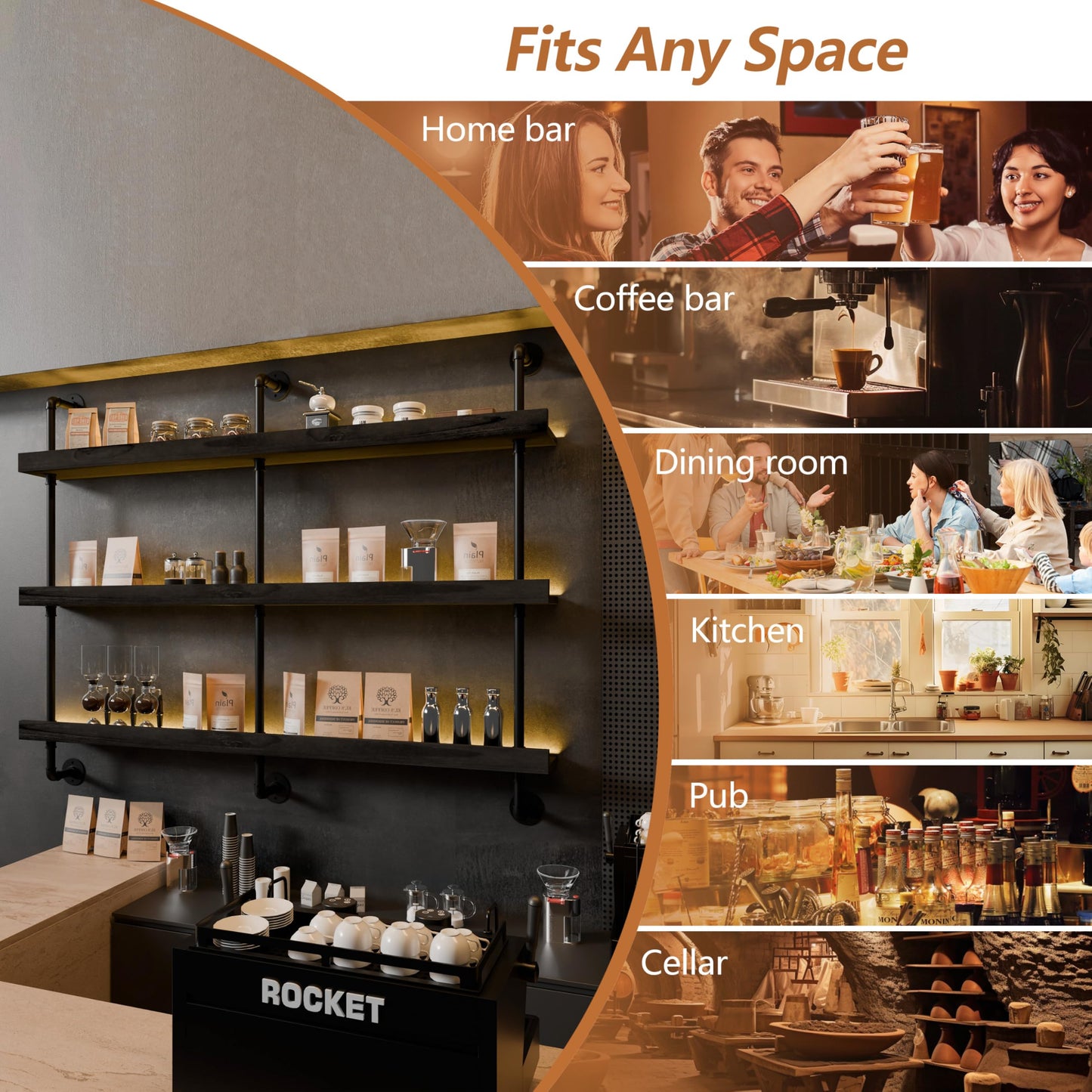 Anynice LED Bar Shelves, Wall Mounted Wine Rack, 3 Tier, 60" Black