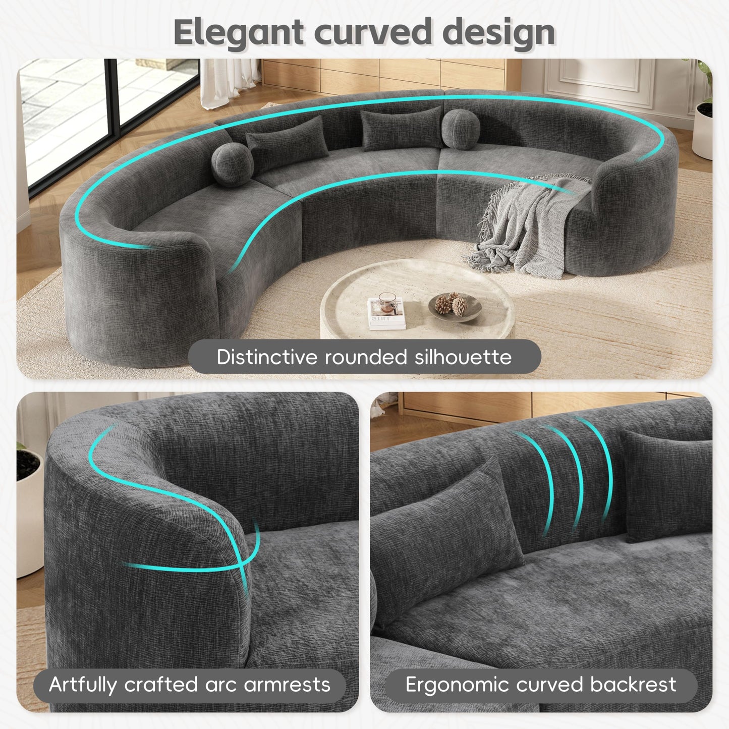 Merax 153" Chenille Modular Sectional Sofa Set, 6 Seat Curved Frameless Oversized Cloud Couch with 4 Pillows, Free Combination Hook & Loop, Fully Compressed, No Assembly for Living Room, Gray