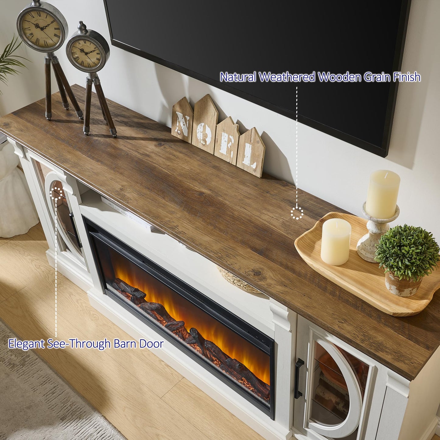Unineo Crescent TV Stand with Fireplace for up to 80 Inch TV, LED Entertainment Center with 36 Inch Electric Fireplace, Farmhouse TV Console Table w/Glass Door for Living Room, White