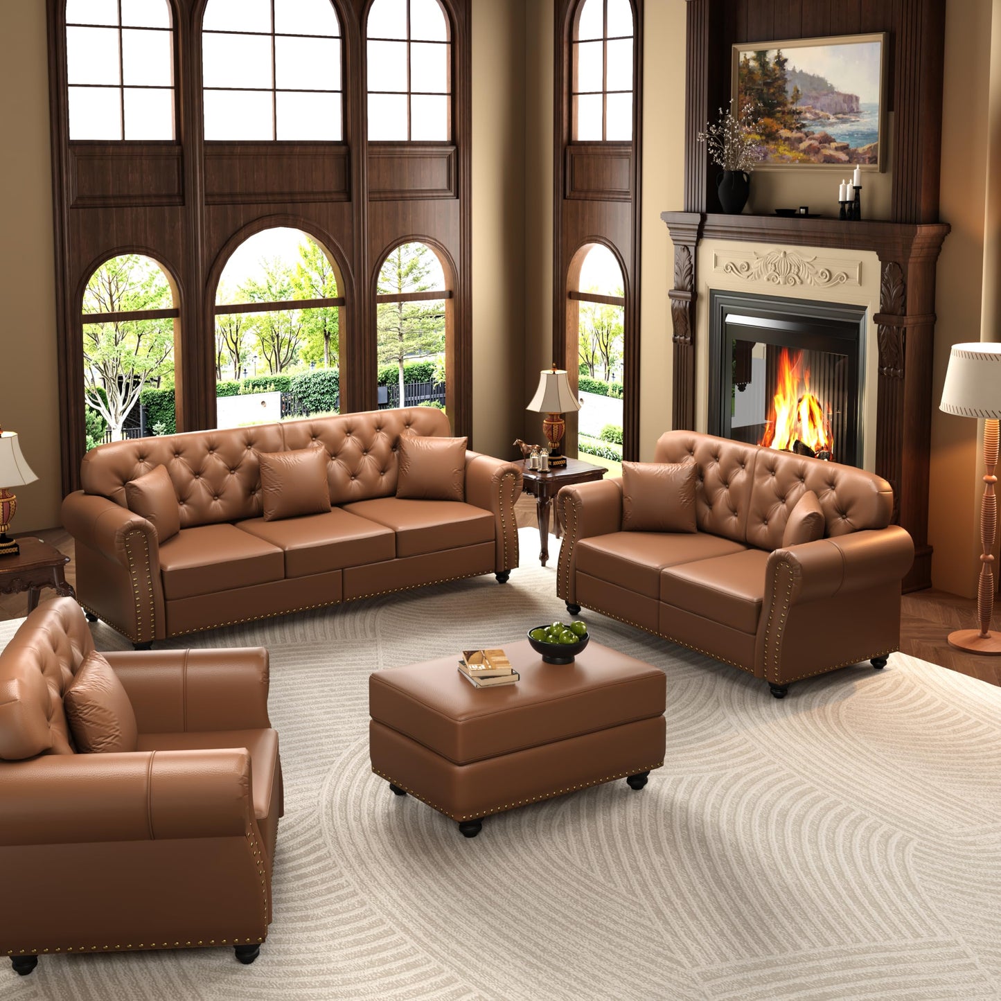 KEIKI 3-Piece Chesterfield Sofa Set with 1 Faux Leather 3-Seater Sofa & 1 Loveseat & 1 Single Sofa, 6-Seater Couch Set with Nailhead Trim & Rolled Arms & 1 Ottoman & 6 Pillow, for Living Room, Brown