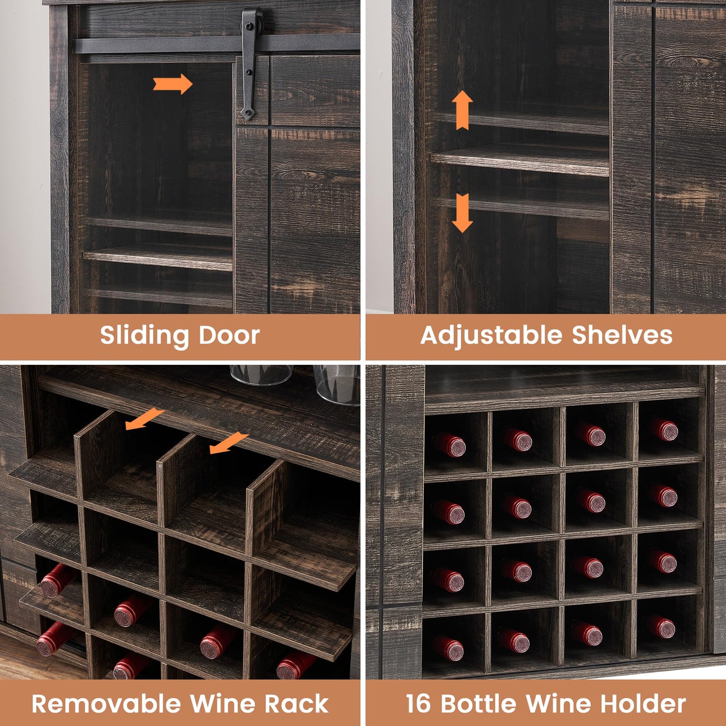 GarveeTech Farmhouse Bar Cabinet with Sliding Barn Doors, Rustic Liquor & Coffee Station with Wine Glass Racks & Adjustable Shelves, Buffet Sideboard for Dining Room, Kitchen, Entryway (Fire Finish)