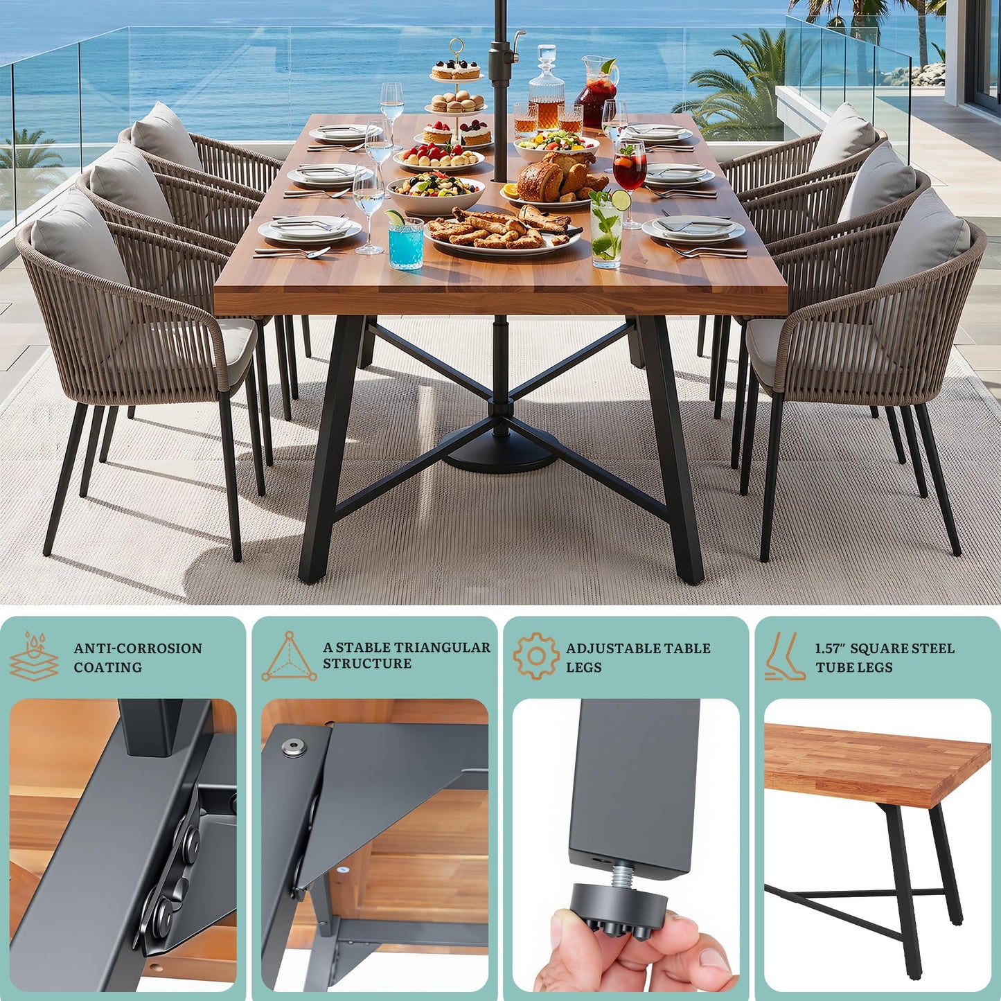 YITAHOME Outdoor Rectangle Dining Table 68.9", Heavy Duty Patio Acacia Wood Dining Table with Umbrella Hole, Solid Wood Rectangle Dining Room Table, 500 LBS