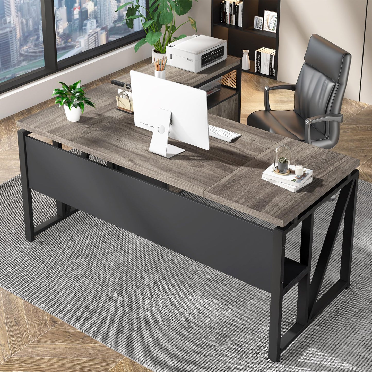 Tribesigns 63" Executive Desk with Reversible File Cabinet, Large L-Shaped Office Desk with Drawers, Business Furniture Workstation for Home Office (Dark Oak, 63-inch)
