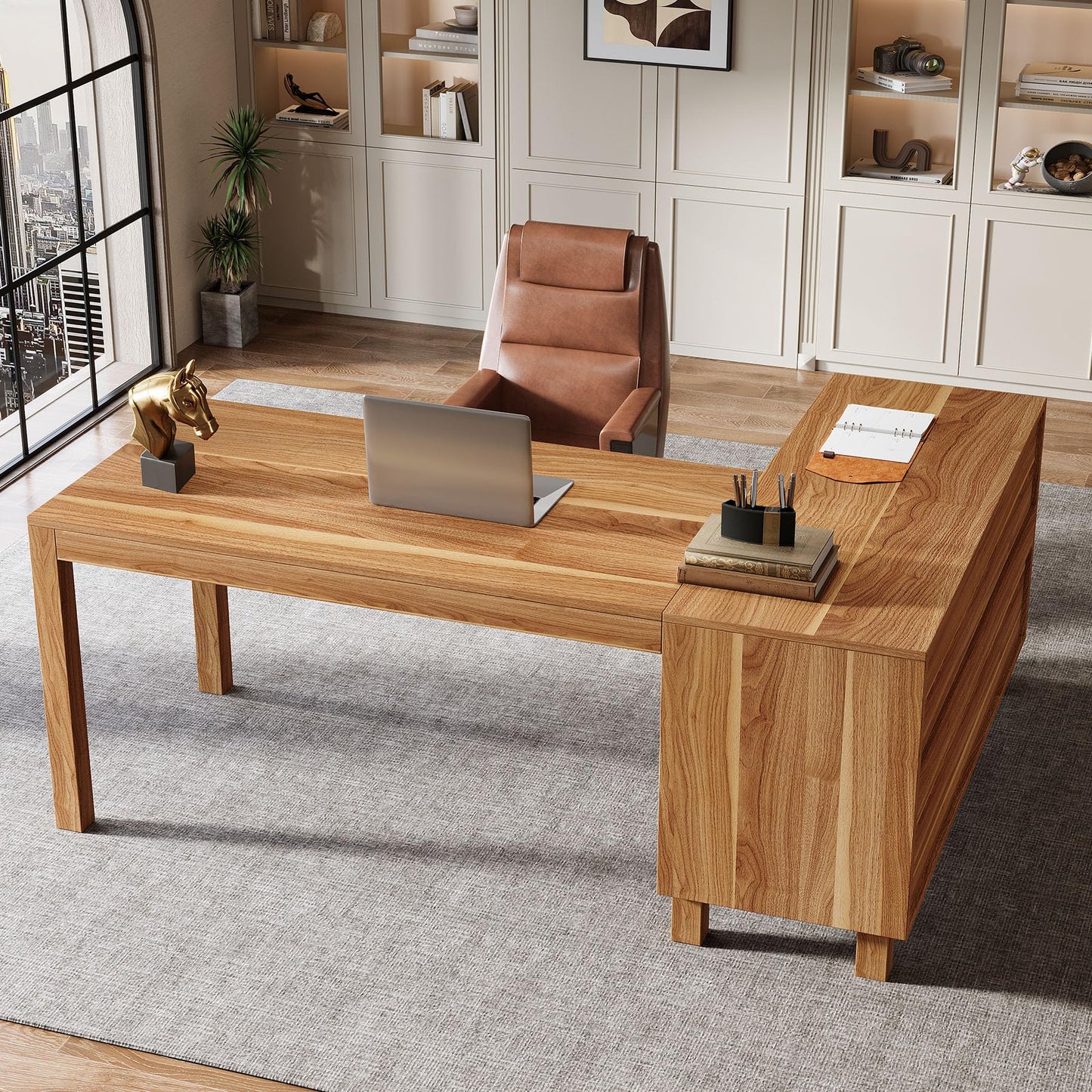 Tribesigns 59-Inch L-Shaped Desk with File Cabinet & Shelves, Brown