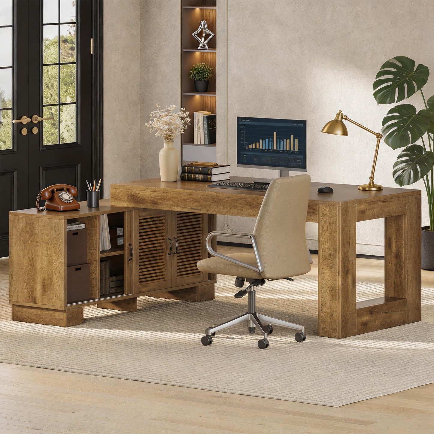 LITTLE TREE L Shaped Executive Desk, Large 63" Executive Desk with File Cabinet, Modern L Shaped Desk, Corner Computer Desk for Home Office & Business Furniture Workstation, Brown