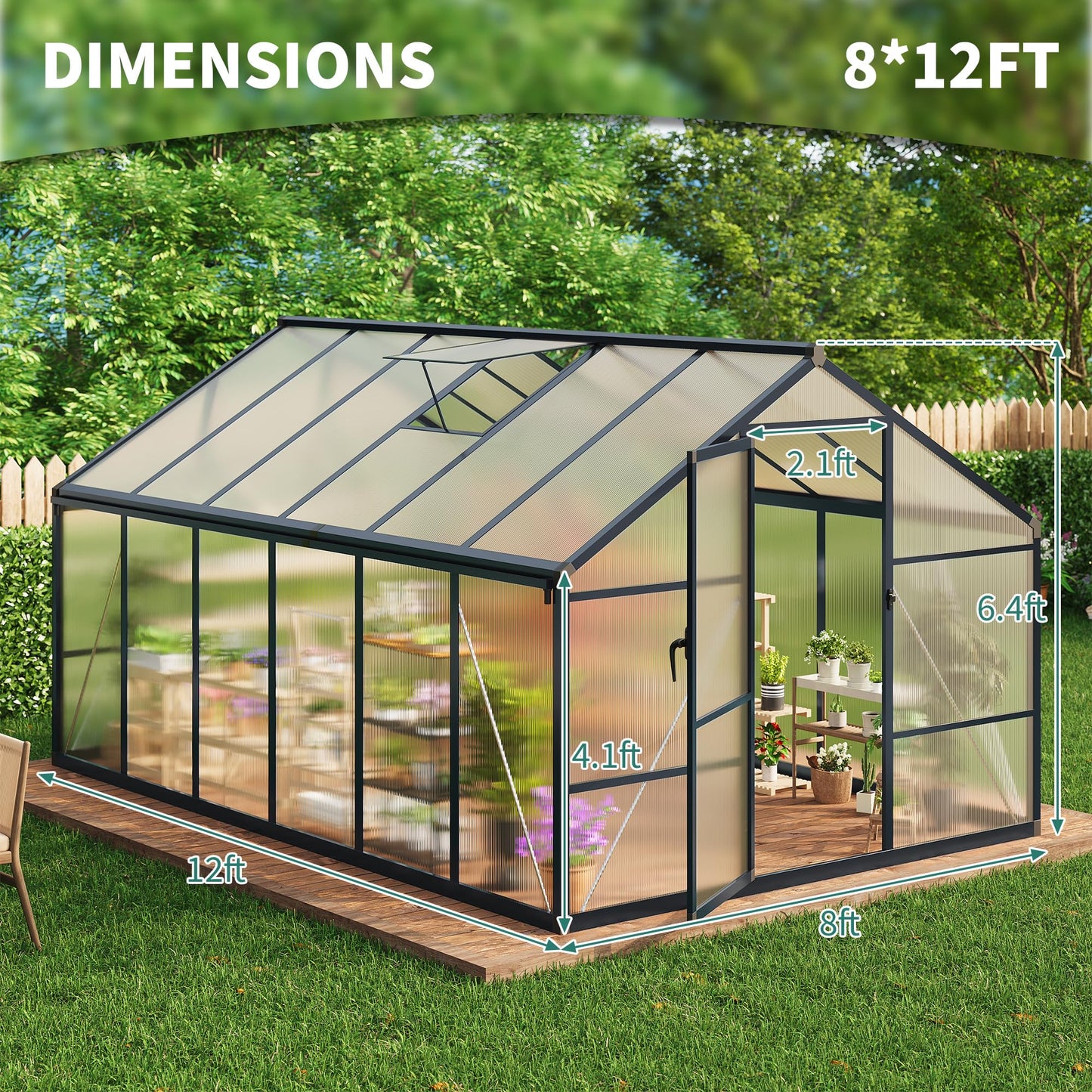 Garvee 8x12ft Greenhouse, Large Walk-in Greenhouse for Outdoors with Roof Vent & Lockable Outward-Opening Swing Door, Heavy Duty Aluminum Frame Polycarbonate Green House for Garden,Backyard,Lawn,Grey