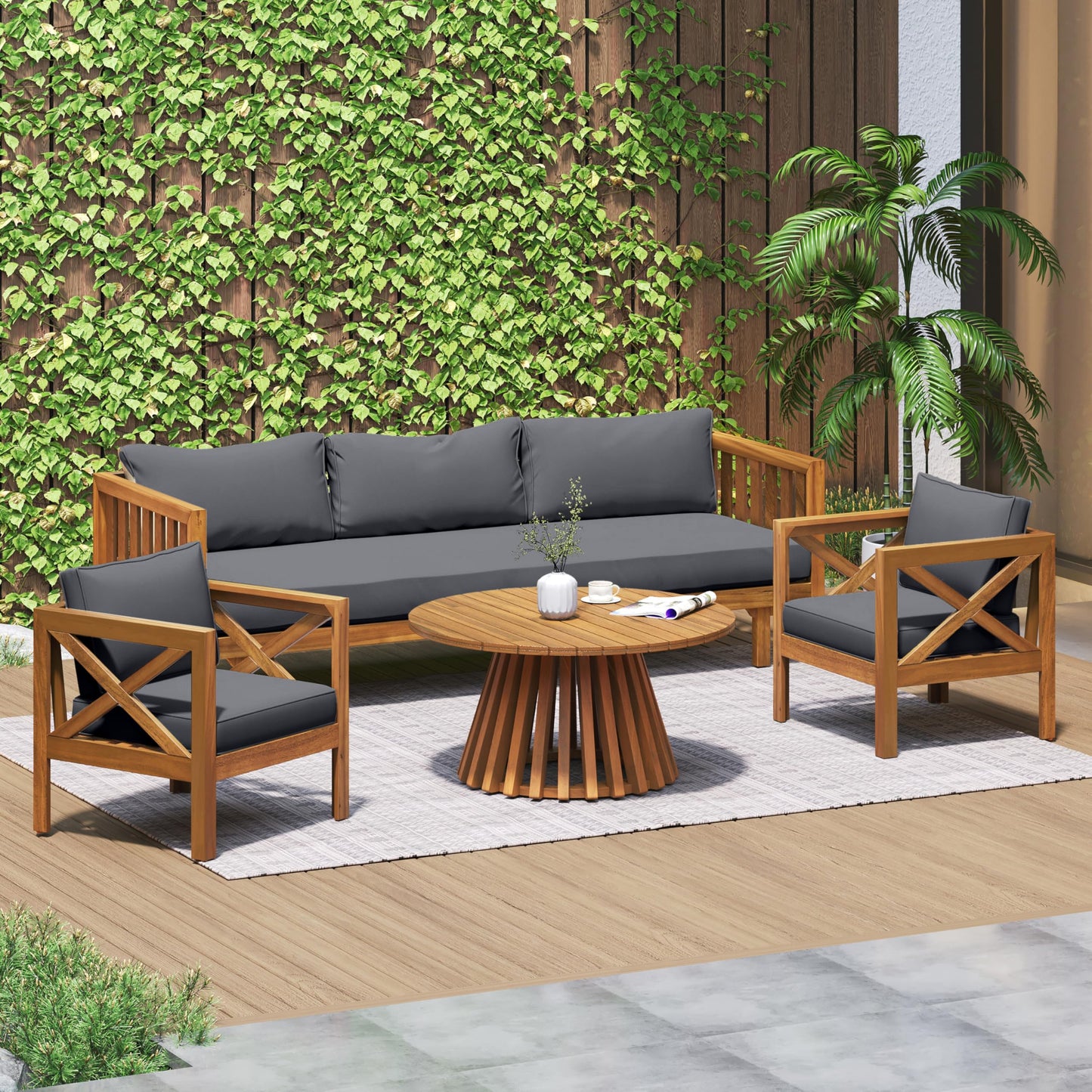 Merax Outdoor 4-Piece Acacia Wood Conversation Set - Patio 3-Seat Loveseat Sofa Daybed with Cushion, 2 Armchair and Round Coffee Table for Backyard, Lawn, Balcony, Teak + Gray