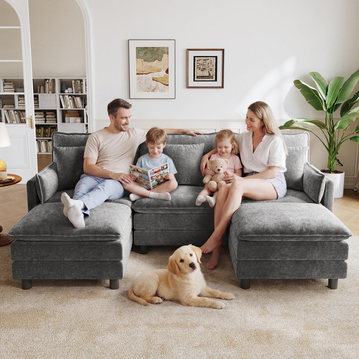LINSY HOME 98'' Modular Sectional Sofa 3 Seat Couch Chenille Cloud Couch with Deep Seat, U Shaped Couch with 2 Movable Ottoman for Living Room, Office, Bedroom, Grey(Pillows Included)