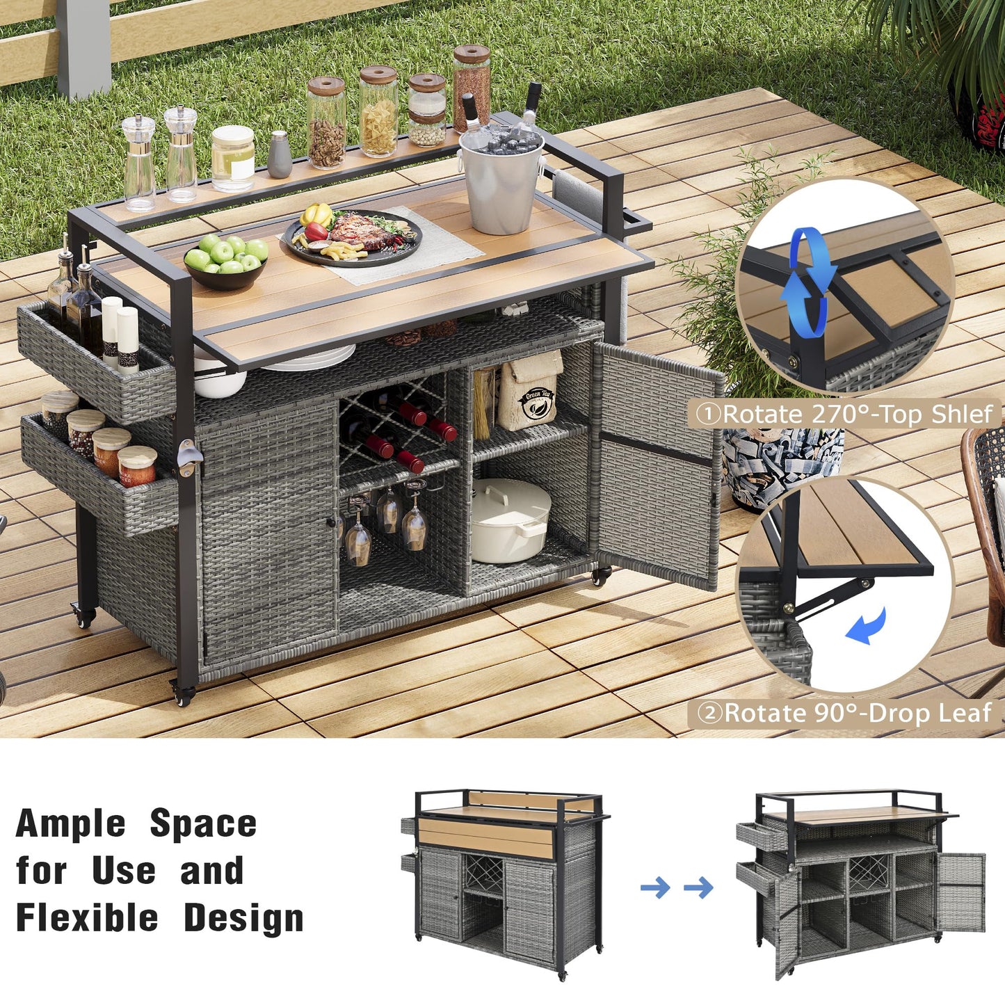 YOPTO 52.8" W Wicker Outdoor Grill Cart with Extended Poly-Wood Table Top - Drop Leaf Design,7 Shelves & Wine Rack,Rolling Kitchen Island on Lockable Wheels,for Patio,Backyard,Poolside & Garden,Grey