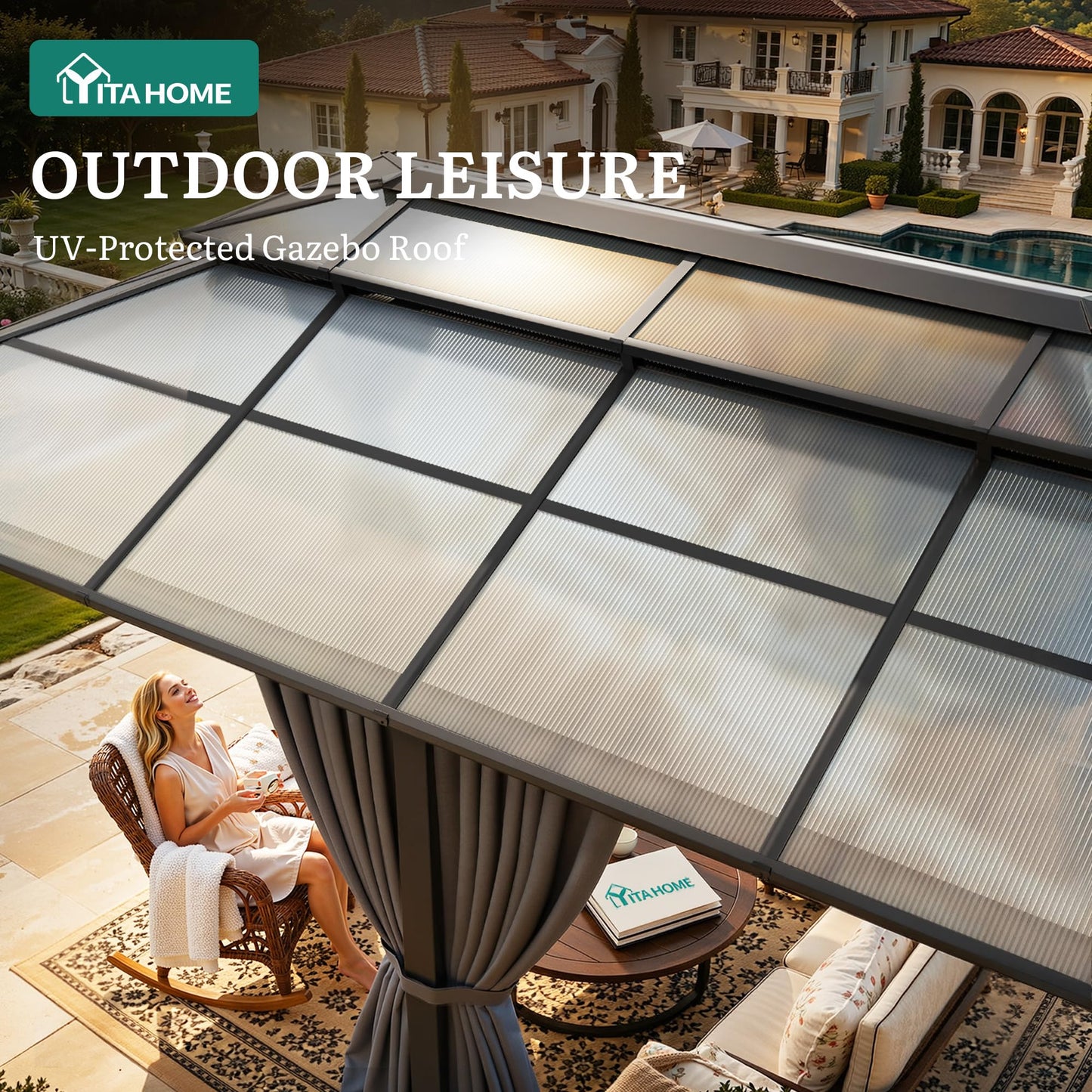 YITAHOME 12x20FT Gazebo Polycarbonate Hardtop Double Roof Canopy Outdoor with Netting and Shaded Curtains, Metal Frame Garden Tent for Patio, Backyard, Deck and Lawns, Grey