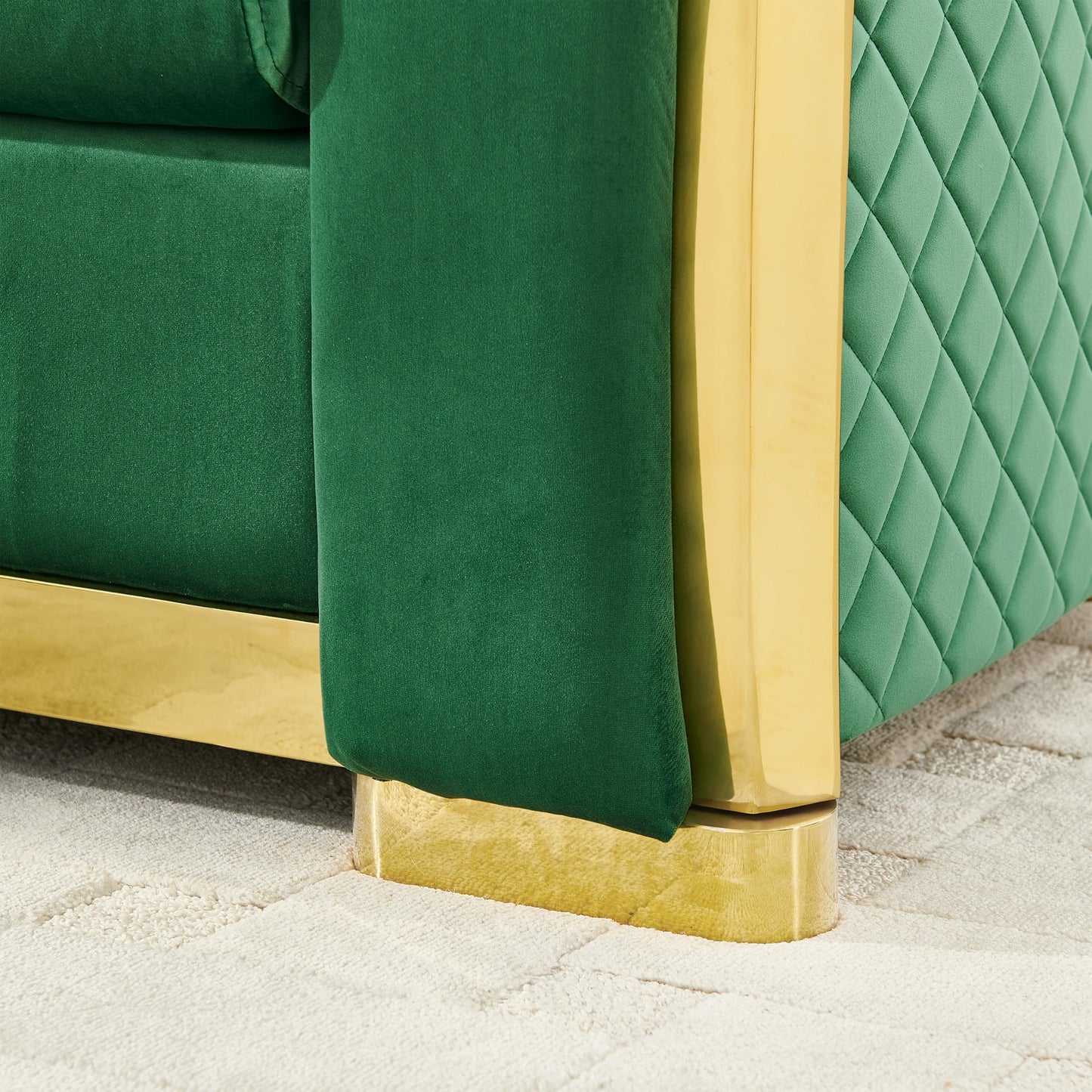 KEIKI 106" L-Shaped Luxury Velvet Chesterfield Sectional Sofa with Gold Stainless Steel Accents and 5 Pillows, Mid-Century Oversized 5-Seater Button Tufted Couch, Easy Assembly, for Living Room, Green