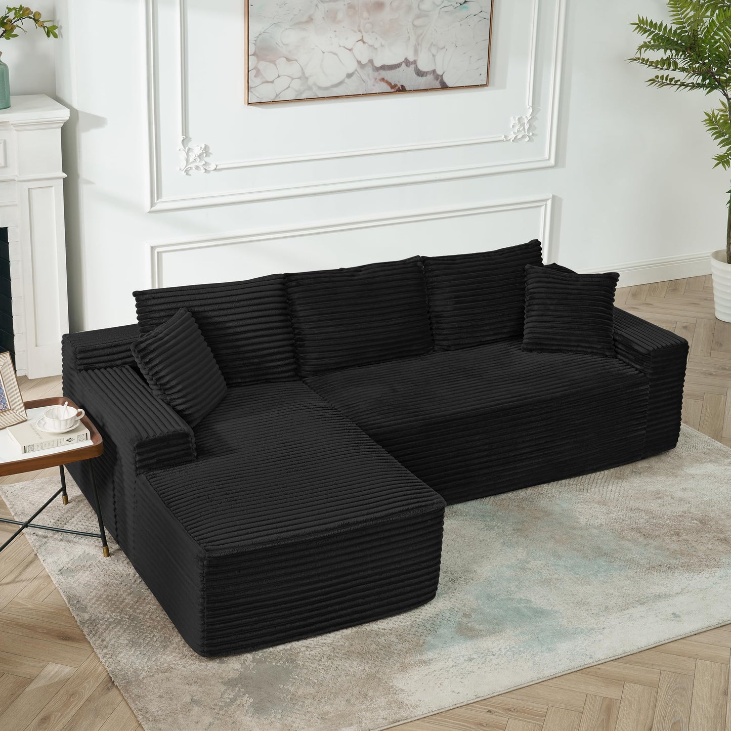 95" L-Shaped Cloud Sectional Couch, Left Facing Modular Compressed Boneless Sectional Sofa with Chaise Lounge, Plush Corduroy Boneless Corner Sofa for Living Room