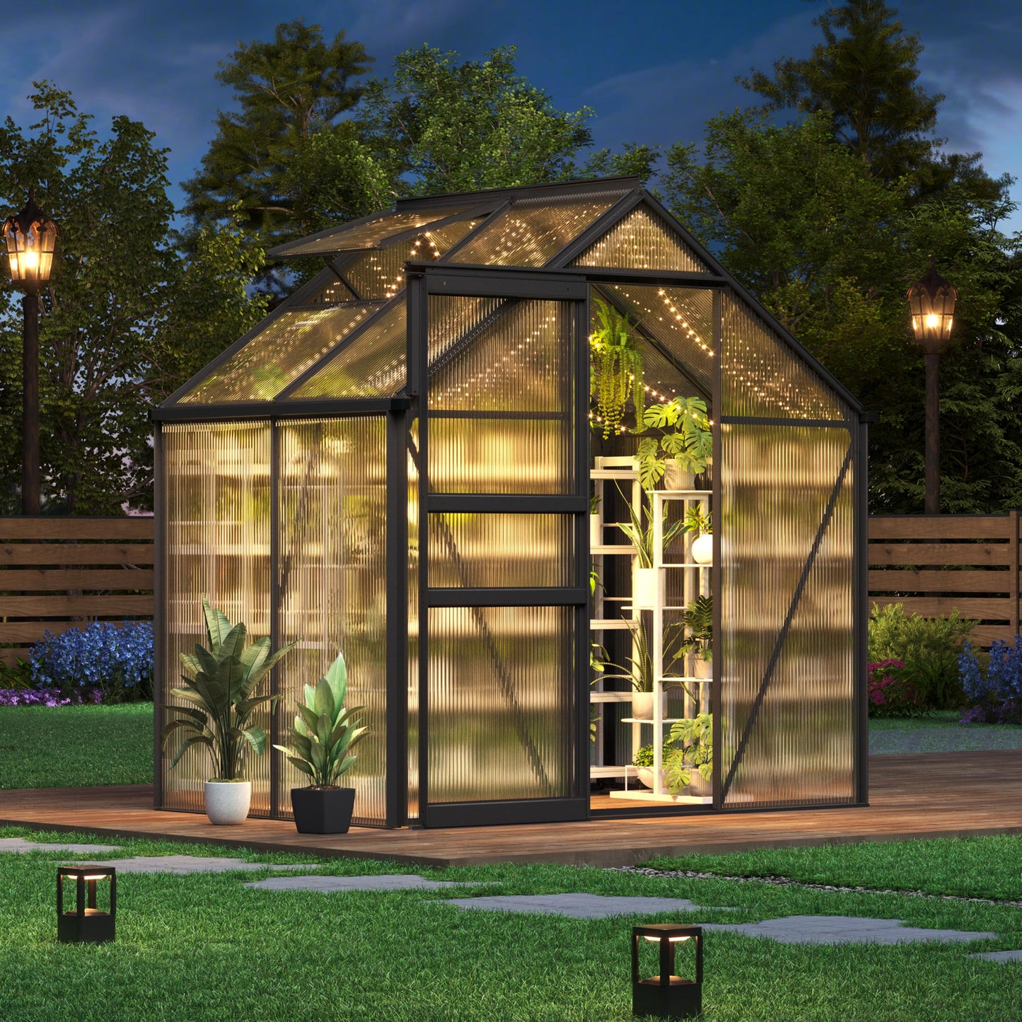 GarveeHome 6x4 FT Walk-in Polycarbonate Greenhouse - Heavy Duty Aluminum Frame with Base Kit, 4mm Double-Wall UV Protected Panels, 5-Position Adjustable Roof Vent & Sliding Door, Winter Plant House