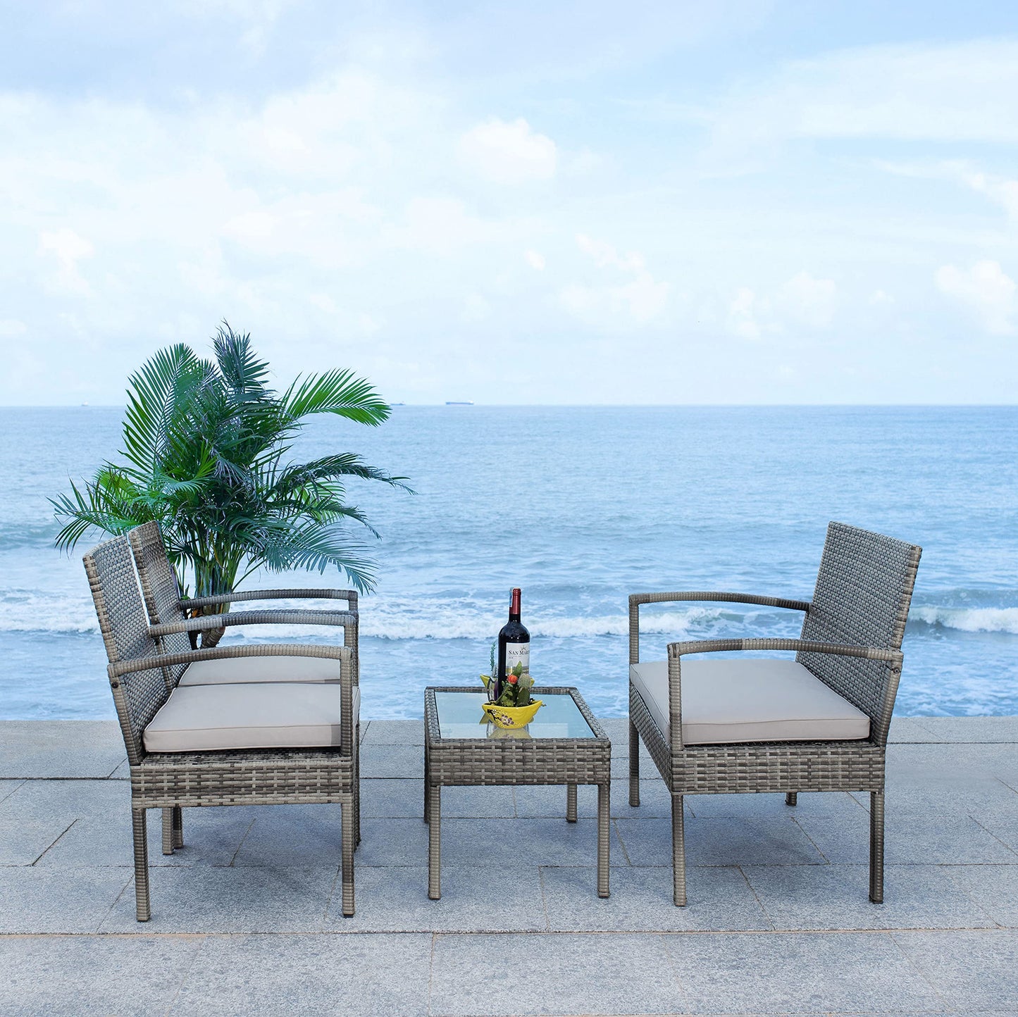 SAFAVIEH Outdoor - Bassey 4-Piece Conversation Set - Grey & Grey - Steel Frame with Cushion - Tropical Resort Woven Design with Glass Top Table - Ideal for Patio, Deck, Porch, Backyard (PAT7507B)