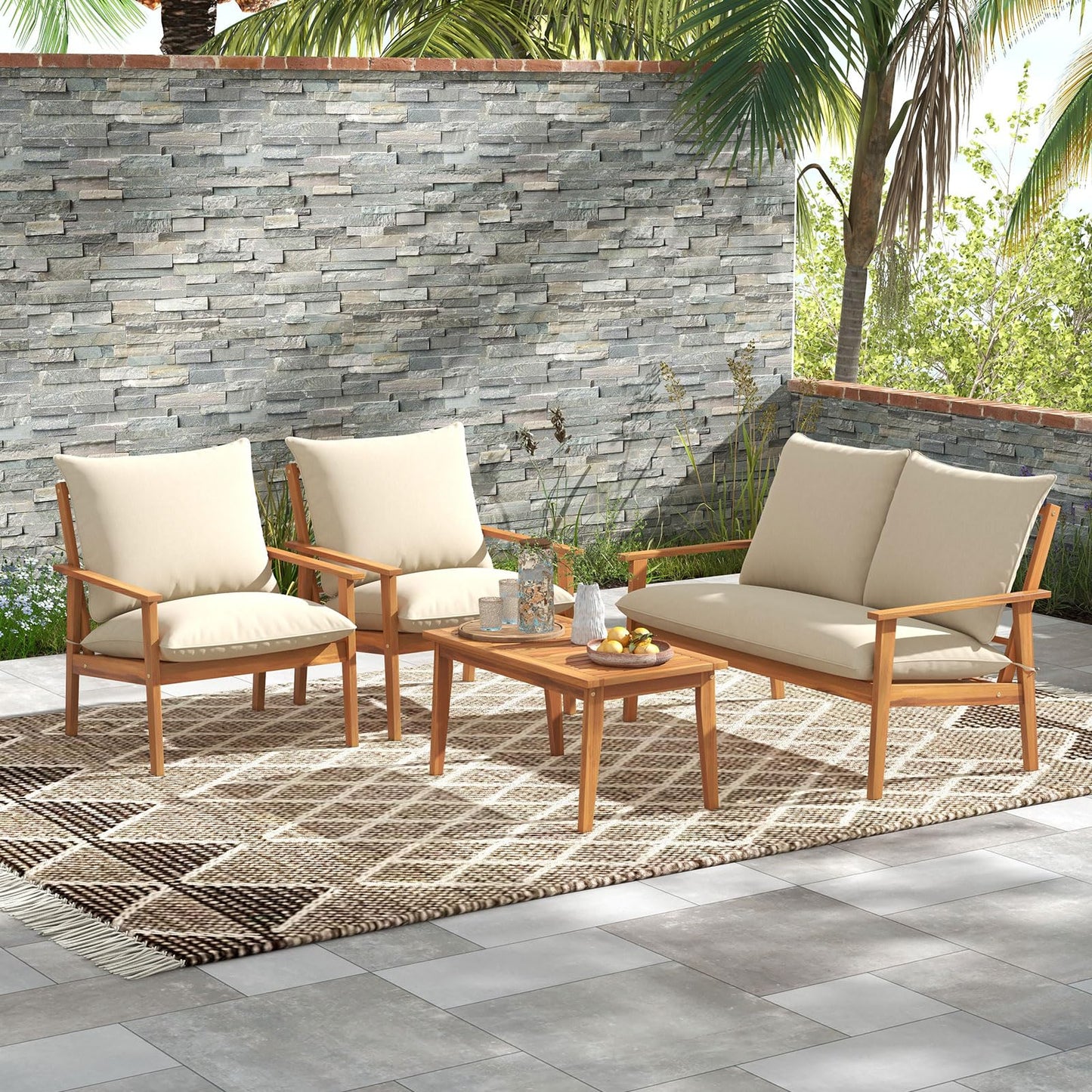 Tangkula 4 Pieces Patio Furniture Set, Outdoor Acacia Wood Conversation Set with Soft Cushions and Coffee Table, Outdoor Sectional Sofa Set for Lawn, Garden, Backyard and Poolside (1, Natural)
