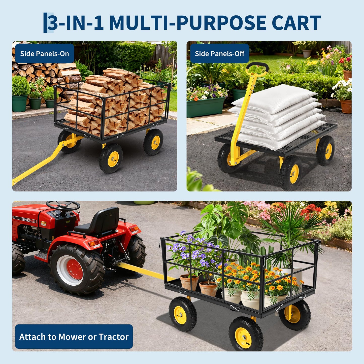 Garvee 1500 LB Garden Dump Cart with 13 in All Terrain Tires, 3-in-1 Yard Wagon Cart with Removable Side Panels, Heavy Duty Outdoor Metal Utility Wagon Yard Trailer for Outdoor Lawn, Yard, Backyard
