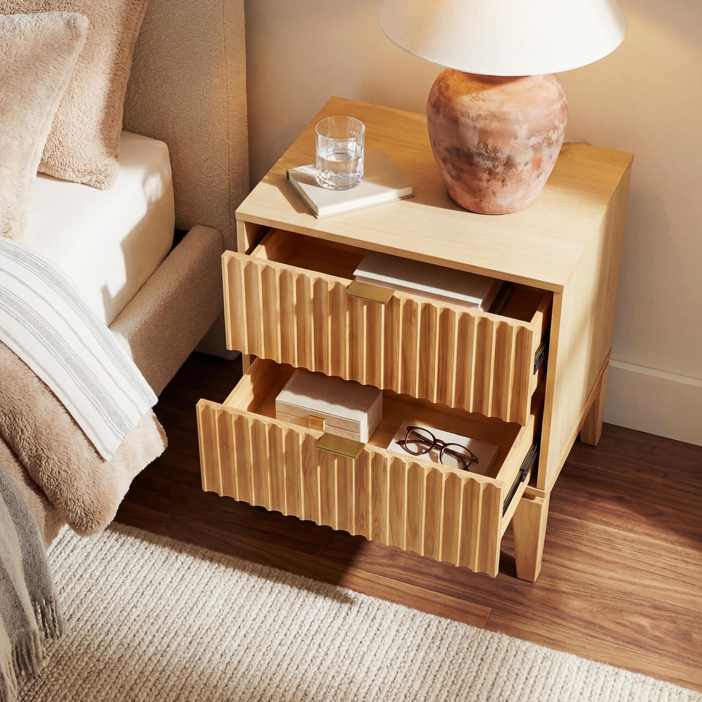 Christopher Knight Home Lane Modern Nightstand with Two Drawers, Wooden Small Night Stand with Fluted Design, Boho Bedside Table/End Table, Multipurpose Space-Saving Storage Cabinet, Natural