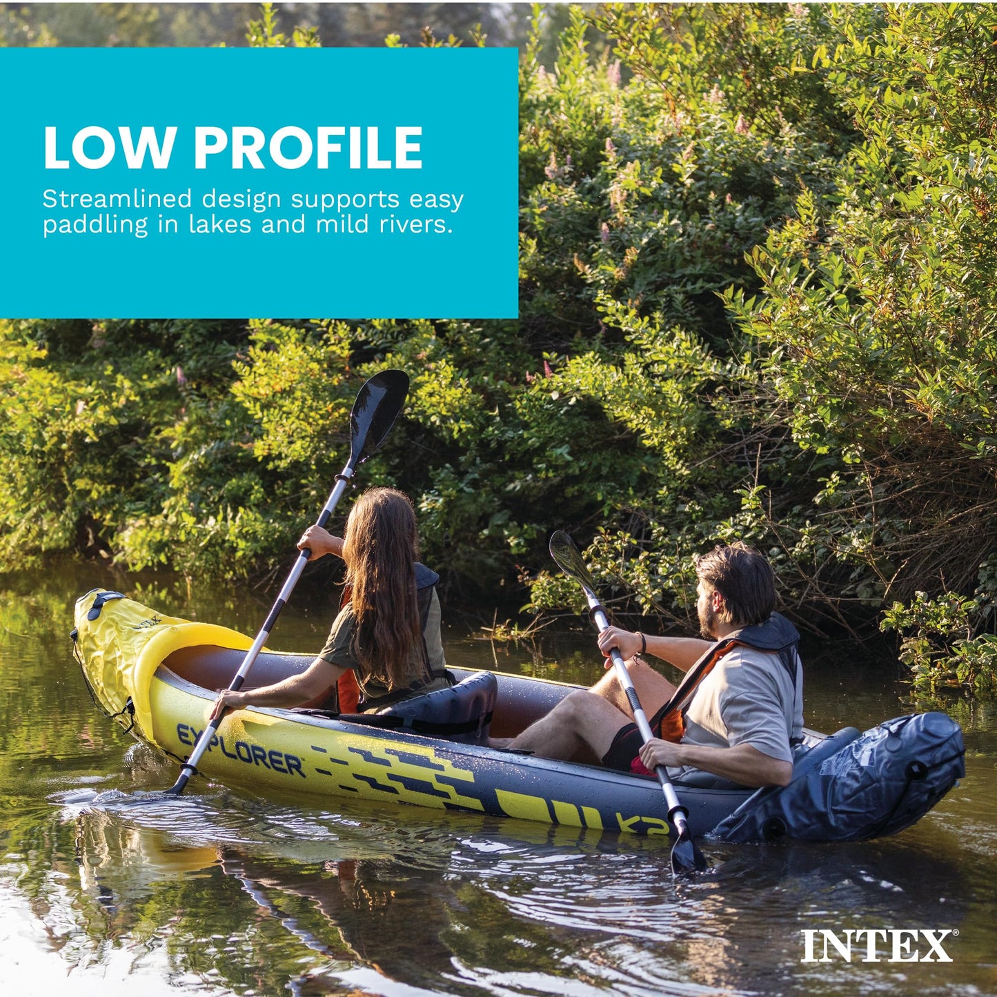 Intex 2-Person Inflatable Kayak Set w/ Pump, Aluminum Oars, Adjustable Seats, Explorer K2 - Tandem Blow-up Raft for Adults, Great for Lakes or Rivers